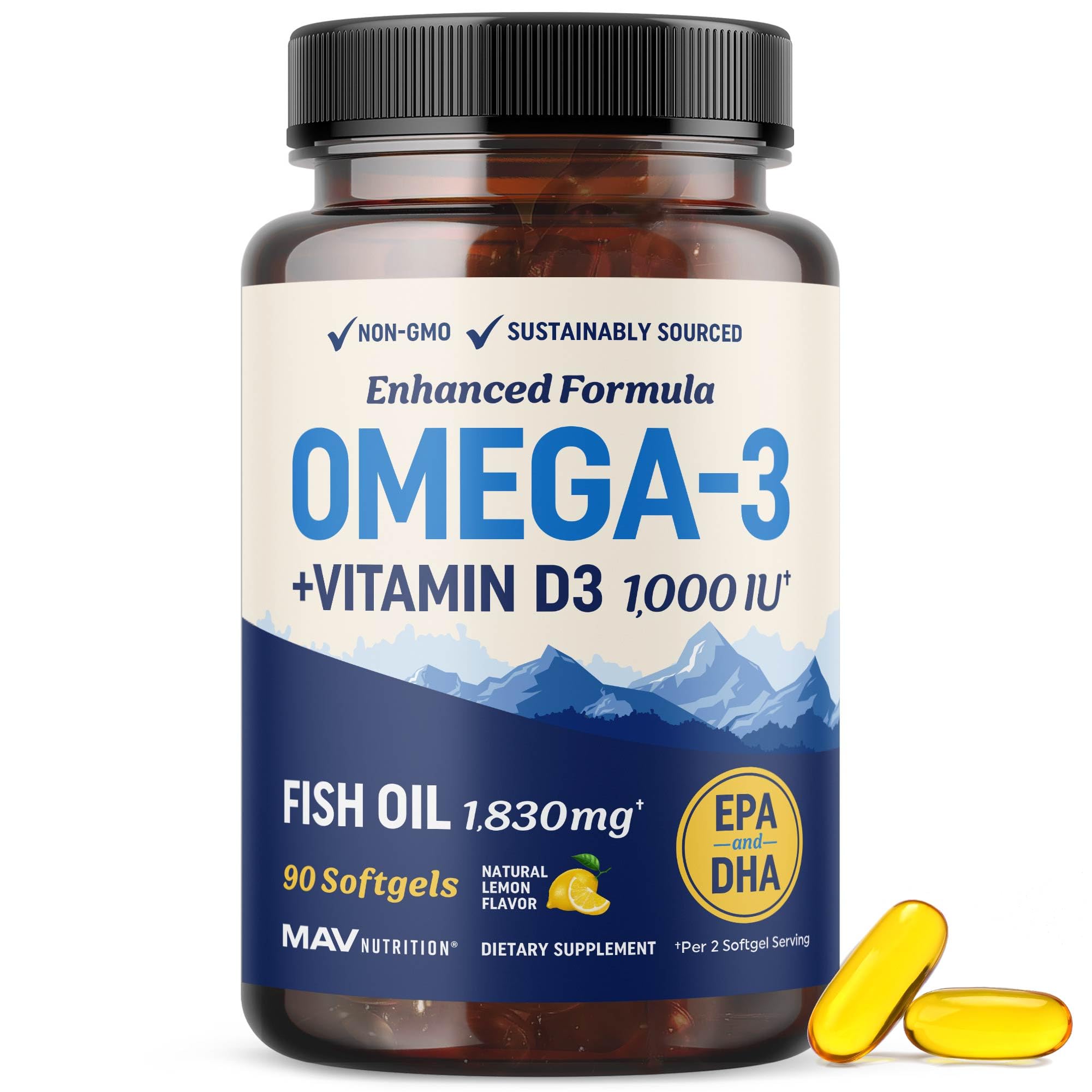MAV NUTRITION frontal del envase mostrando beneficio de Omega 3