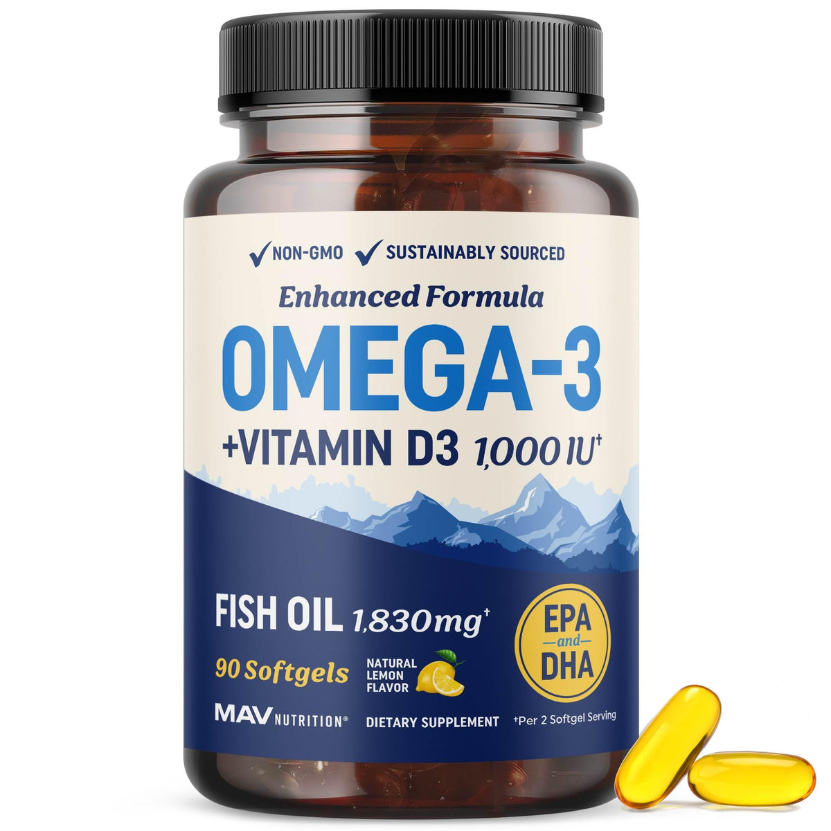 MAV NUTRITION frontal del envase mostrando beneficio de Omega 3