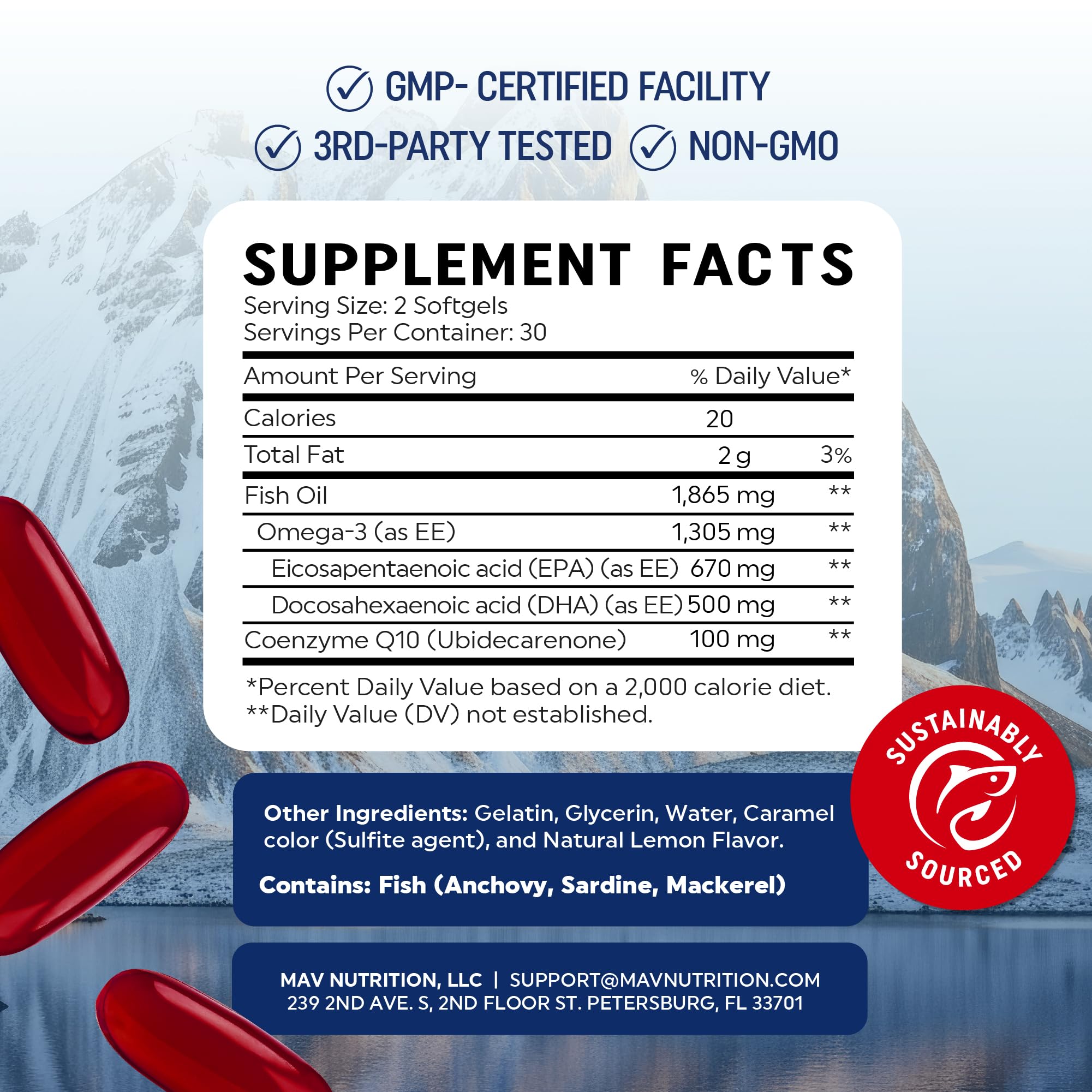 MAV NUTRITION comparación de tamaño con monedas para referencia visual