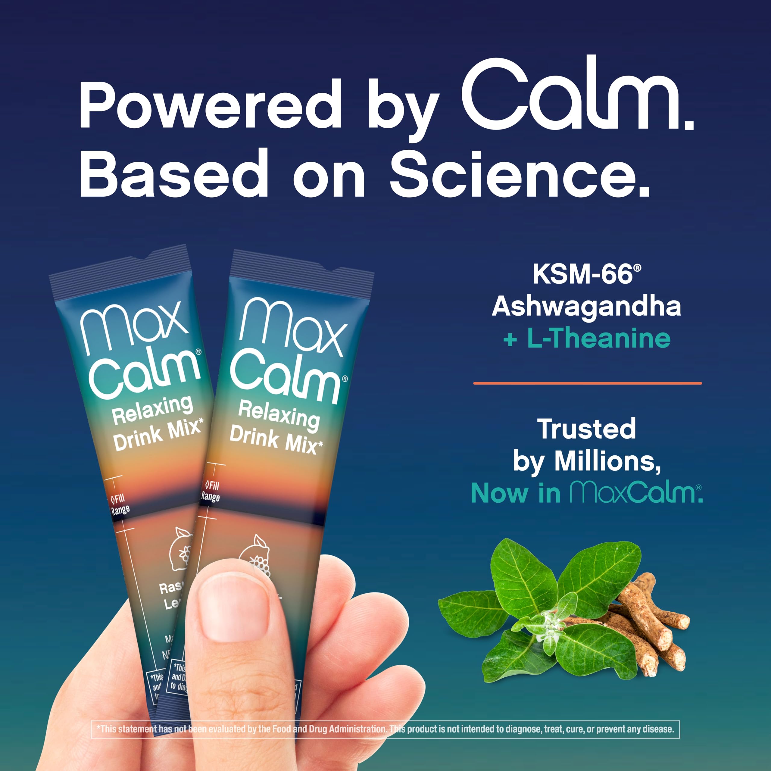 Etiqueta del producto Max Calm mostrando magnesio glicinato, KSM-66 y vitamina D3, transparencia clara