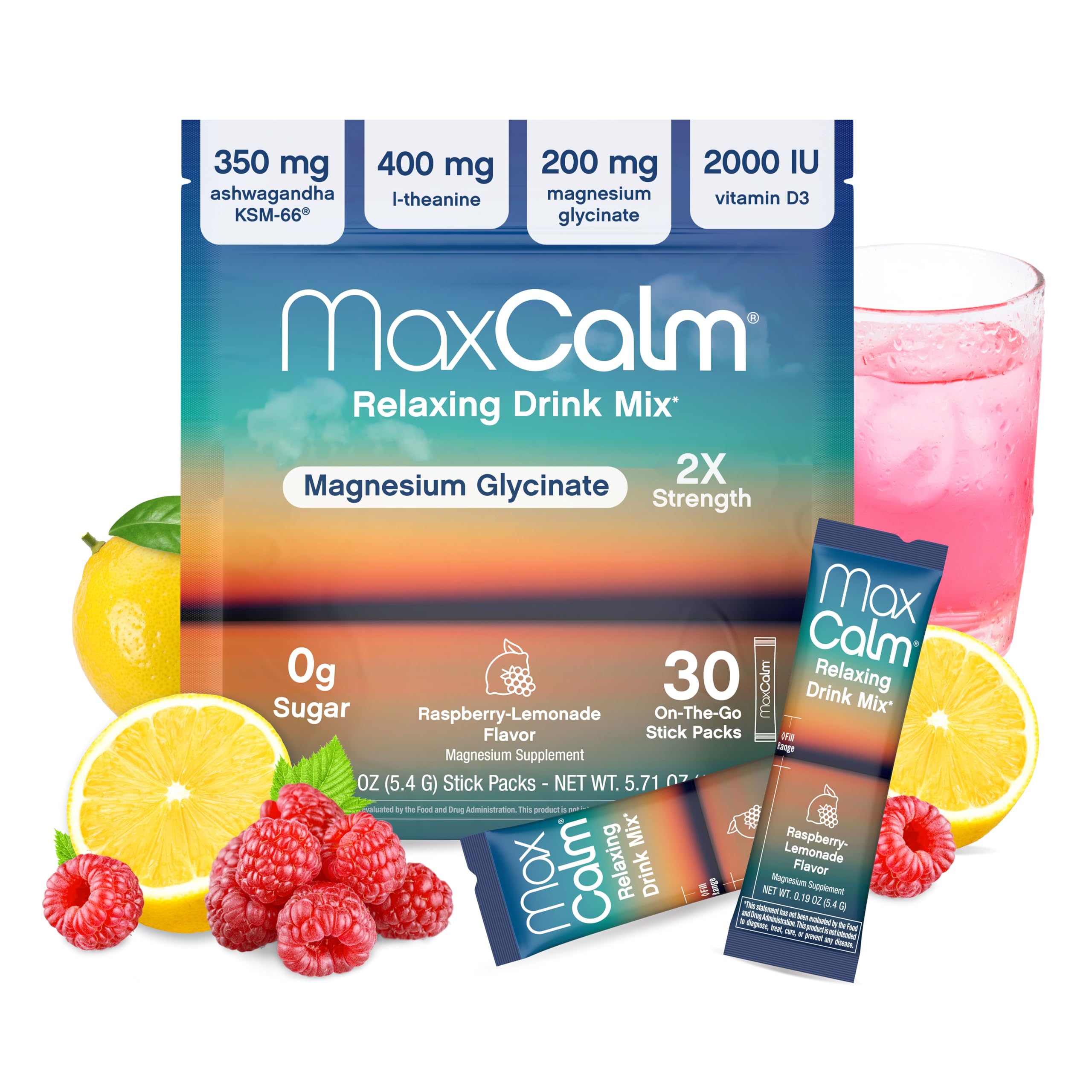 Max Calm empaque frontal mostrando 30 sobres y sabor frambuesa-limonada, práctico para llevar