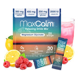 Max Calm empaque frontal mostrando 30 sobres y sabor frambuesa-limonada, práctico para llevar