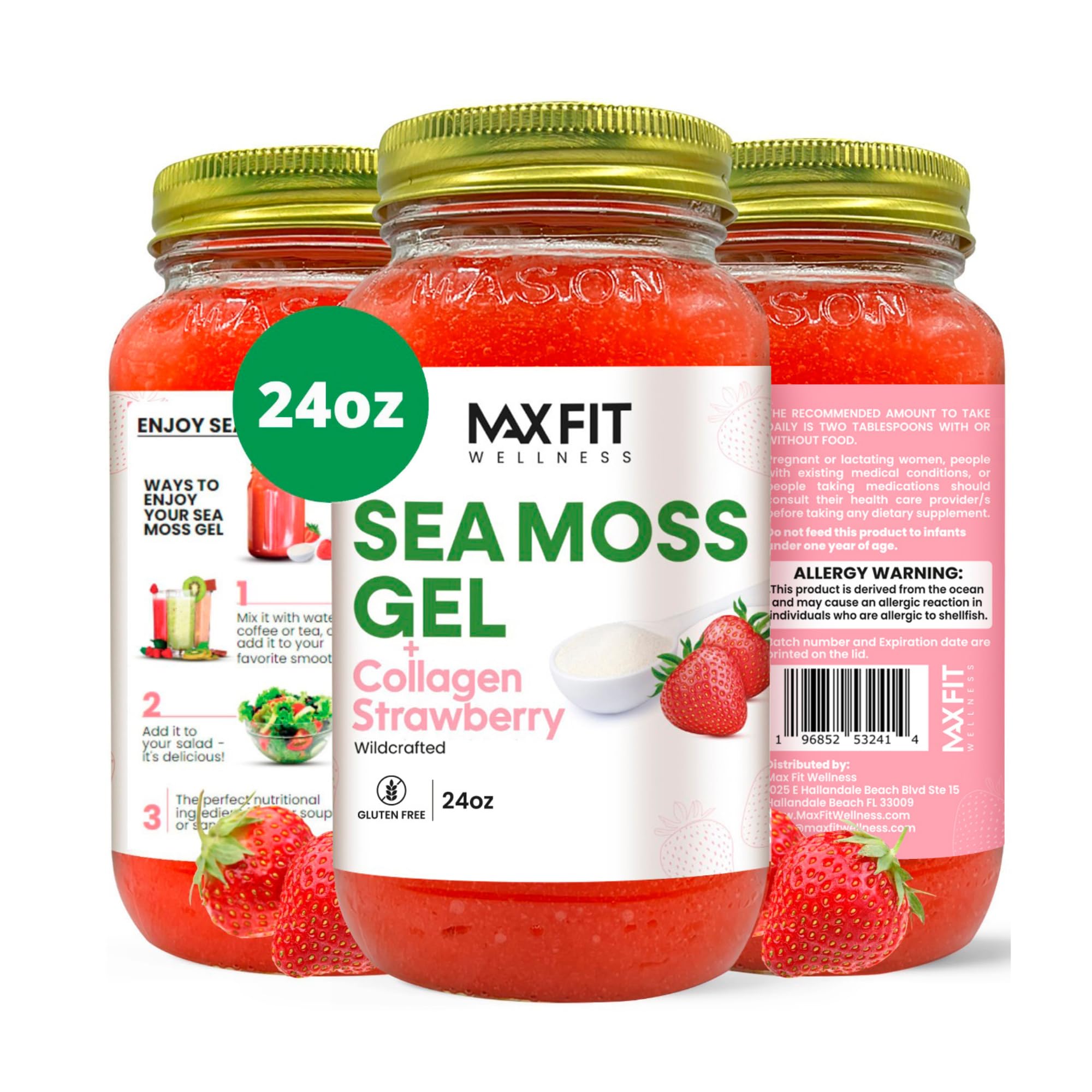 MAX FIT frasco frontal de sea moss gel dorado muestra envase y etiqueta útil