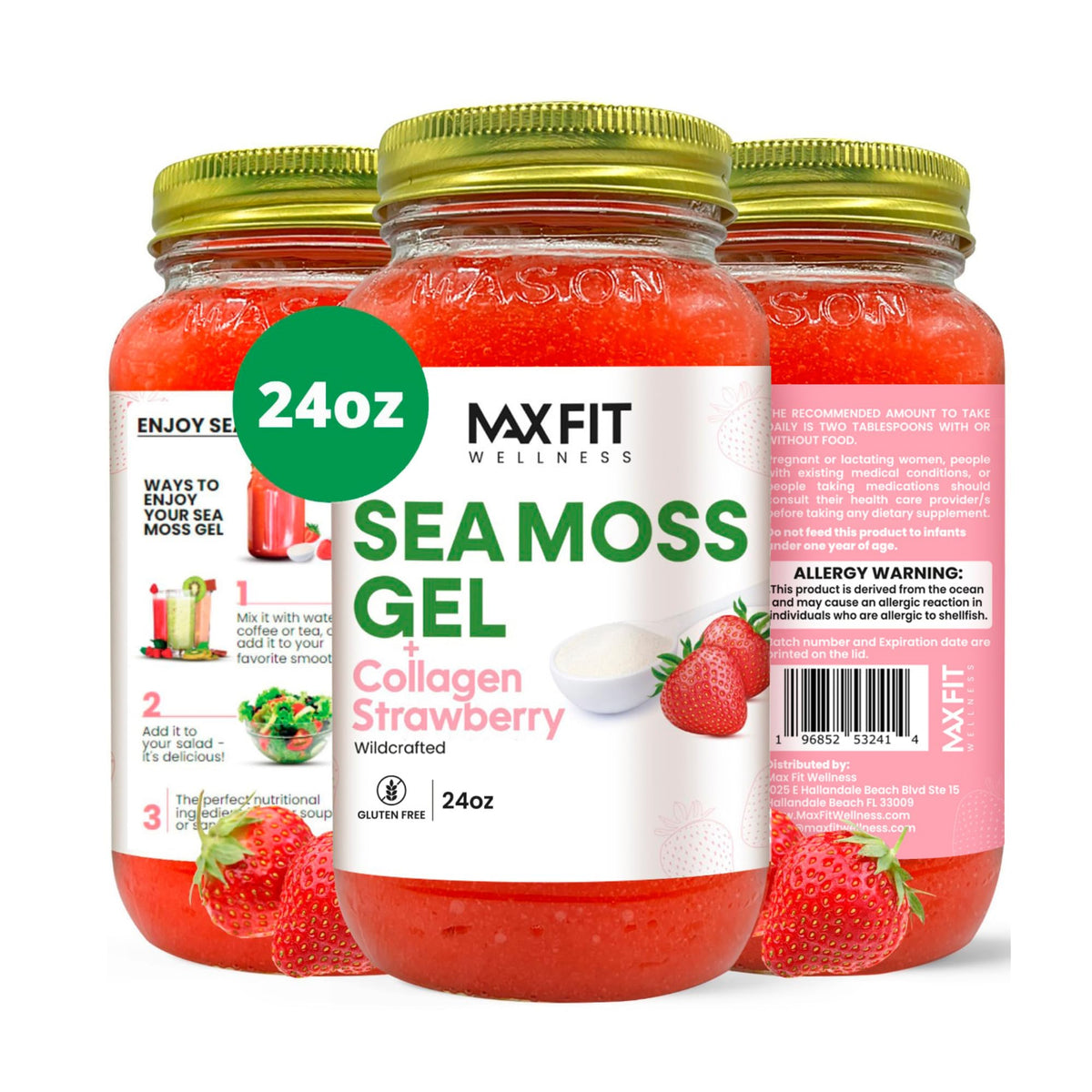 MAX FIT frasco frontal de sea moss gel dorado muestra envase y etiqueta útil