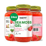 MAX FIT frasco frontal de sea moss gel dorado muestra envase y etiqueta útil