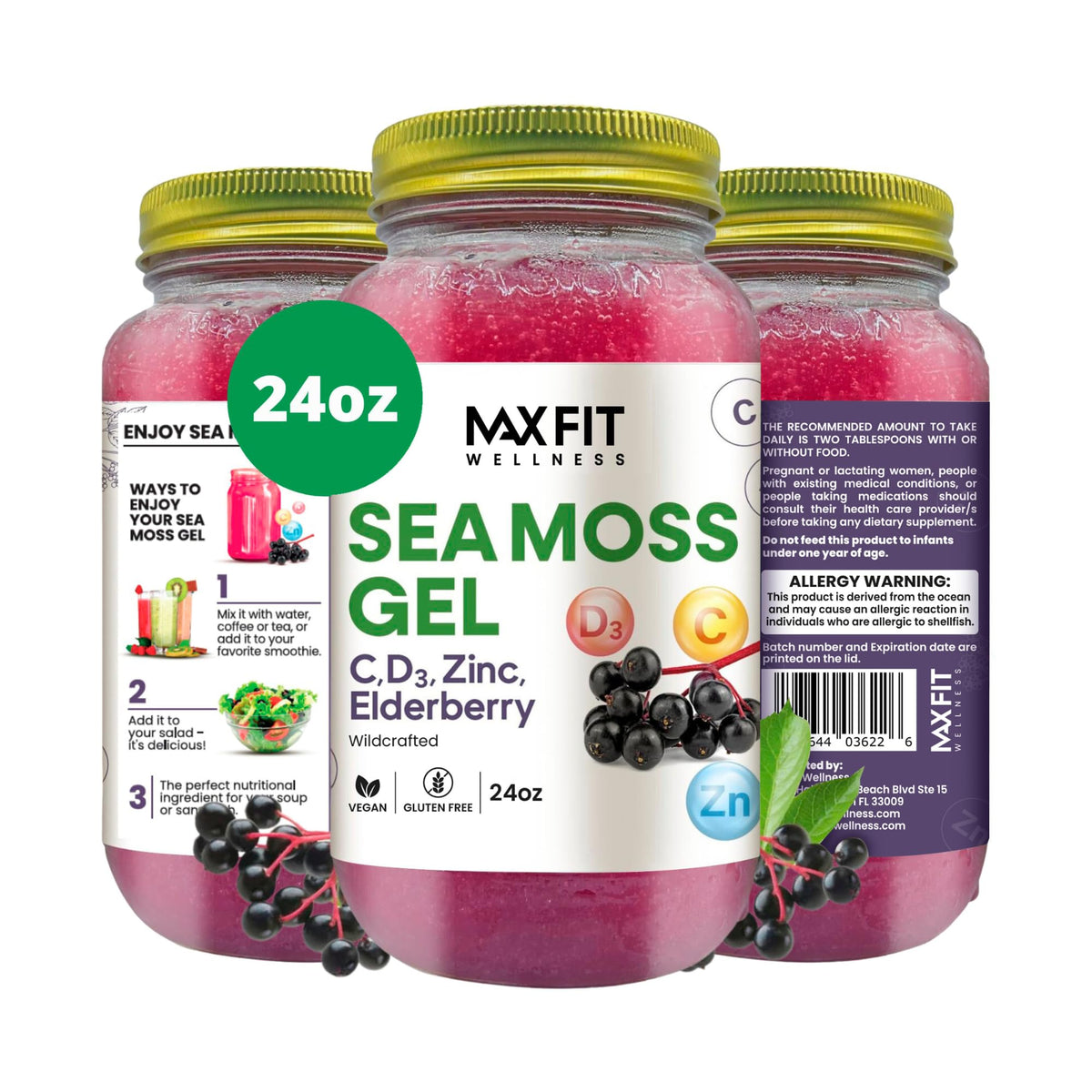 MAX FIT frasco frontal del gel de sea moss dorado mostrando envase y conservación
