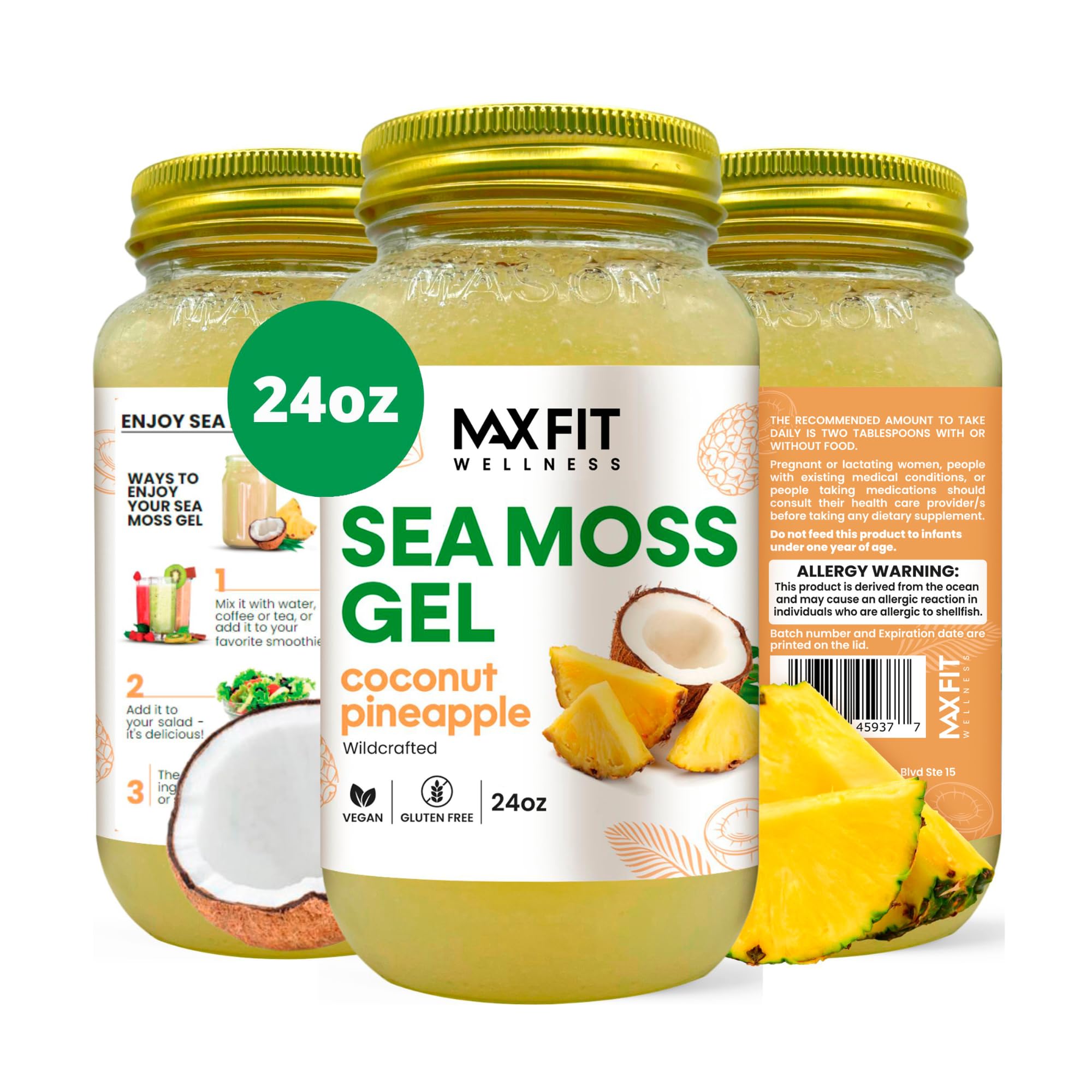 MAX FIT frasco frontal de sea moss gold mostrando etiqueta y tamaño beneficioso