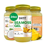 MAX FIT frasco frontal de sea moss gold mostrando etiqueta y tamaño beneficioso
