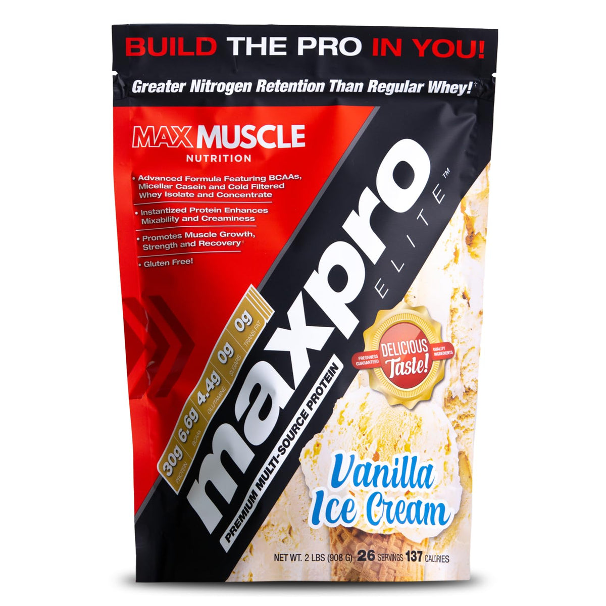Max Muscle envase Maxpro Elite vista frontal mostrando etiqueta y beneficio proteico