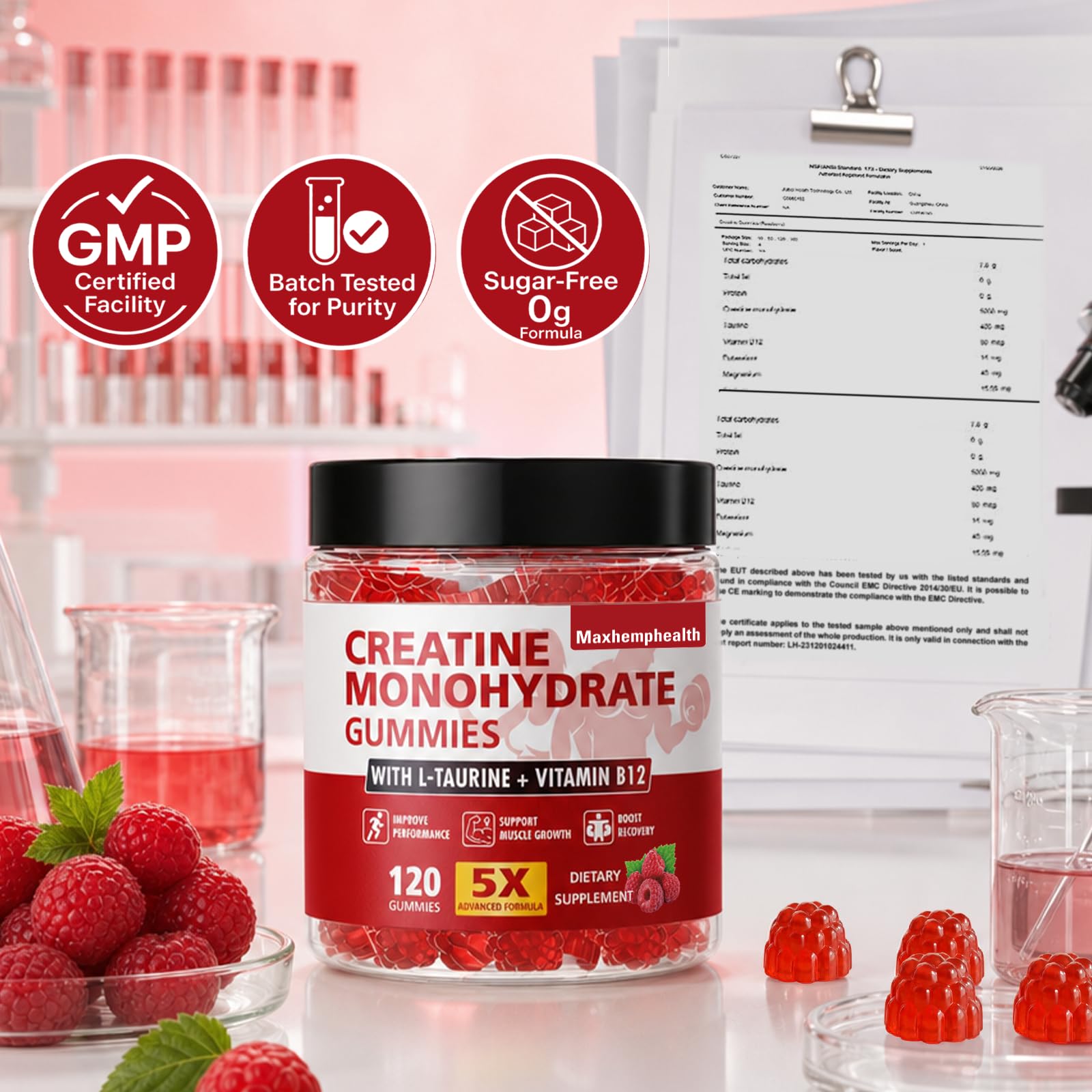 Maxhemphealth bote abierto con gomitas destacando formato sin polvo