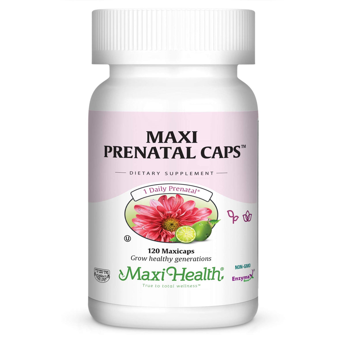 Maxi Health botella frontal mostrando etiqueta y beneficios prenatales