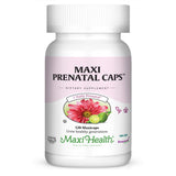 Maxi Health botella frontal mostrando etiqueta y beneficios prenatales