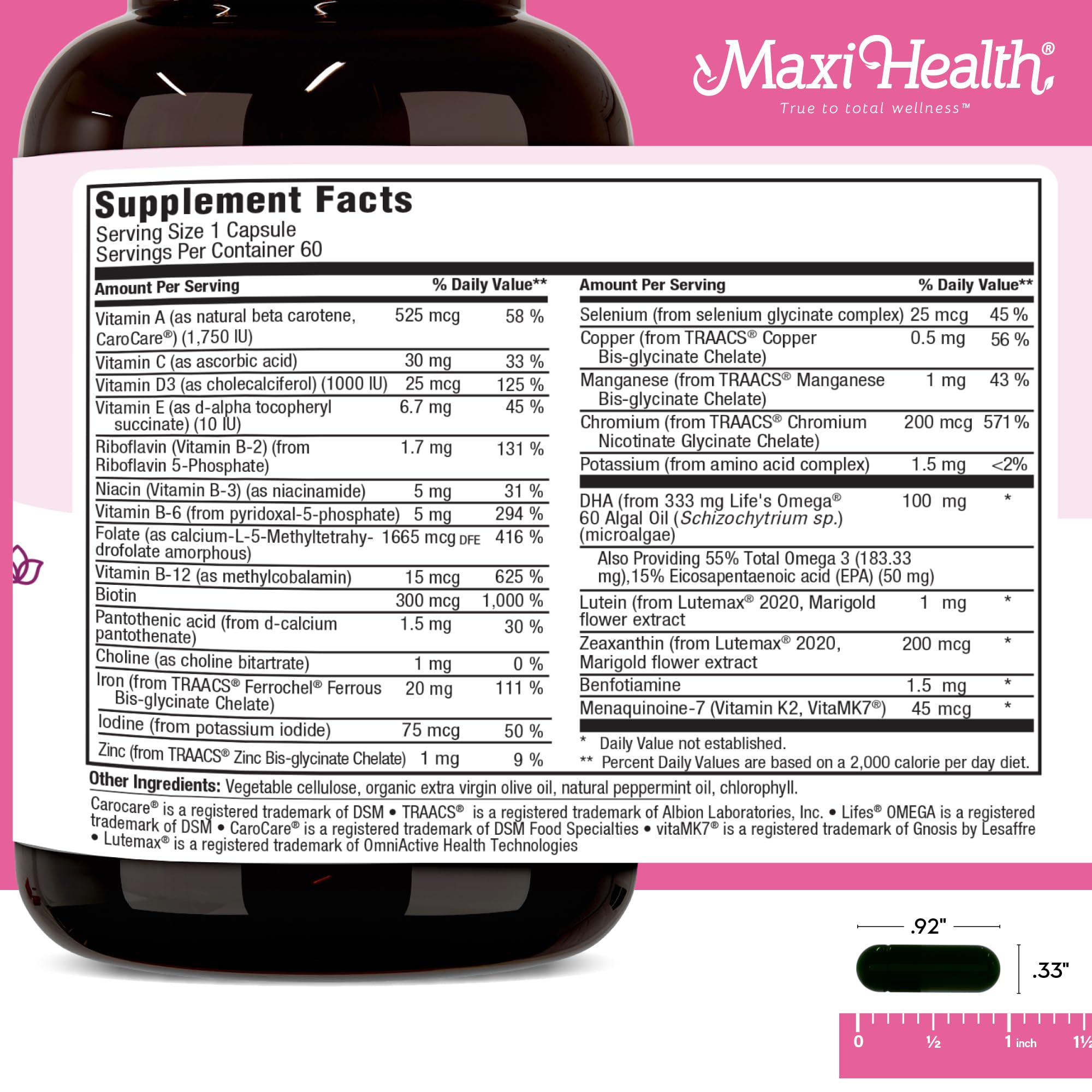 Maxi Health etiqueta con información de ingredientes y dosificación