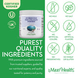 Maxi Health cucharada con polvo para comparar tamaño y dosis.