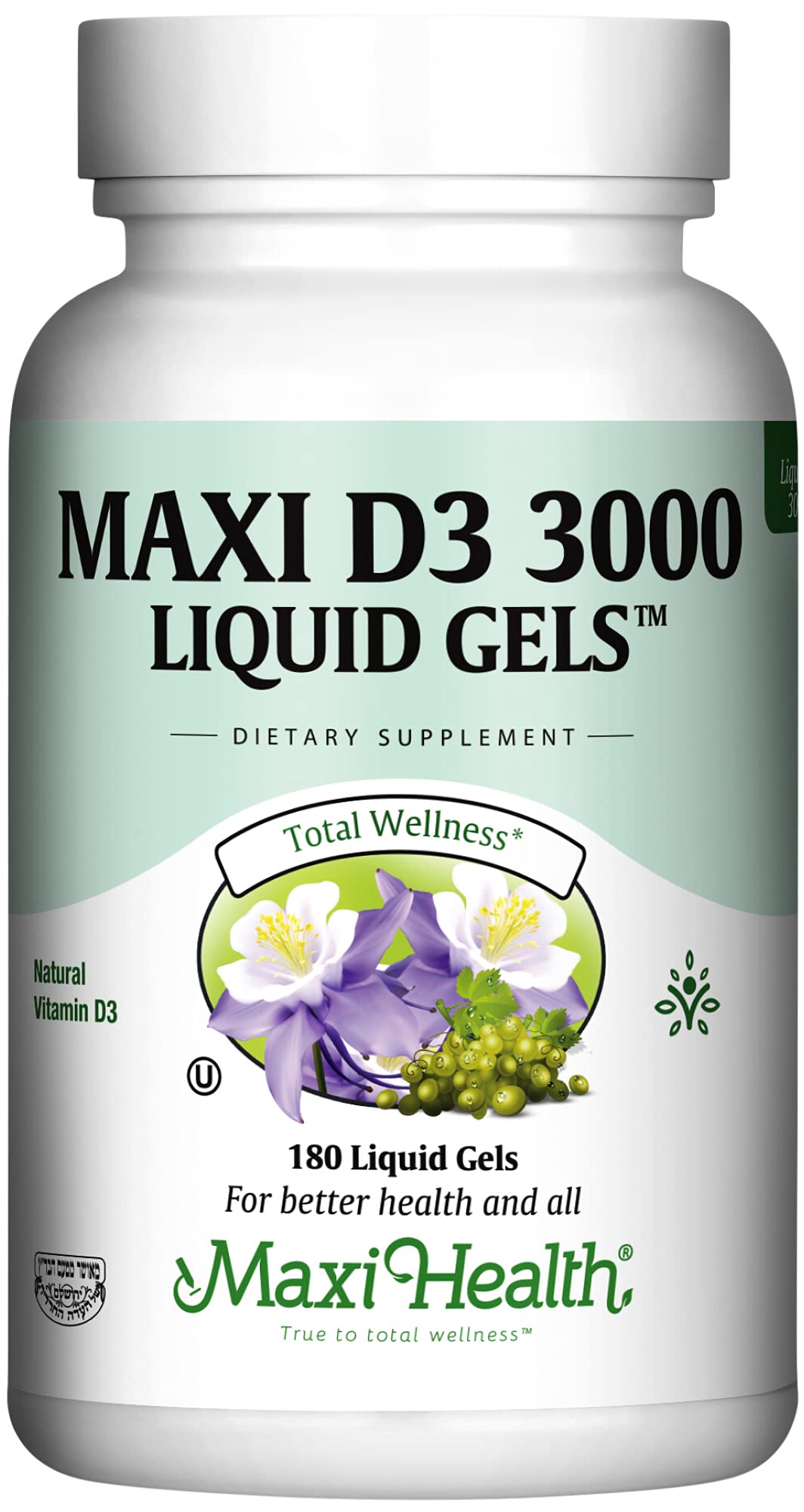 Maxi Health envase frontal mostrando 180 geles y beneficios clave