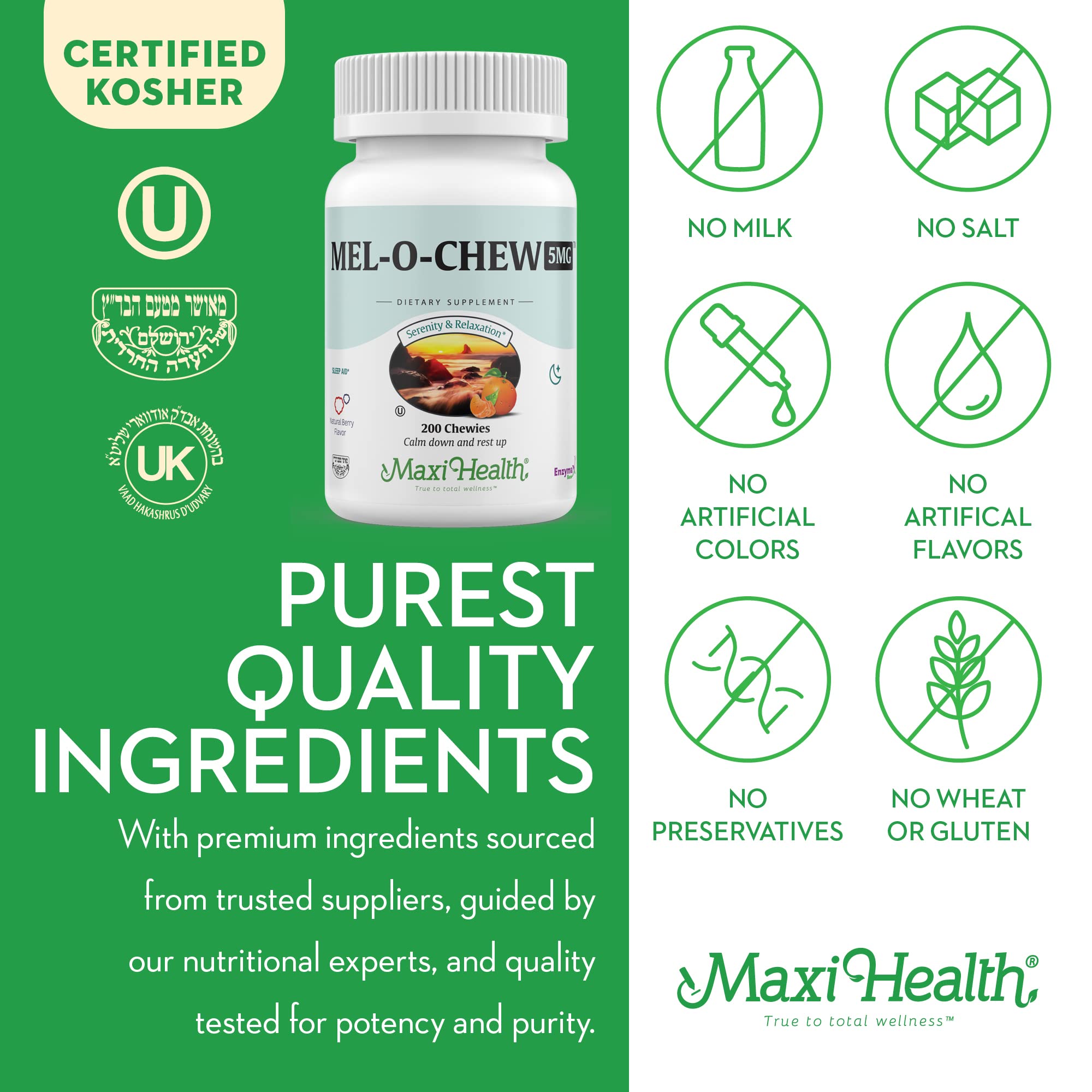 Maxi Health etiqueta con certificados Kosher y calidad GMP visible
