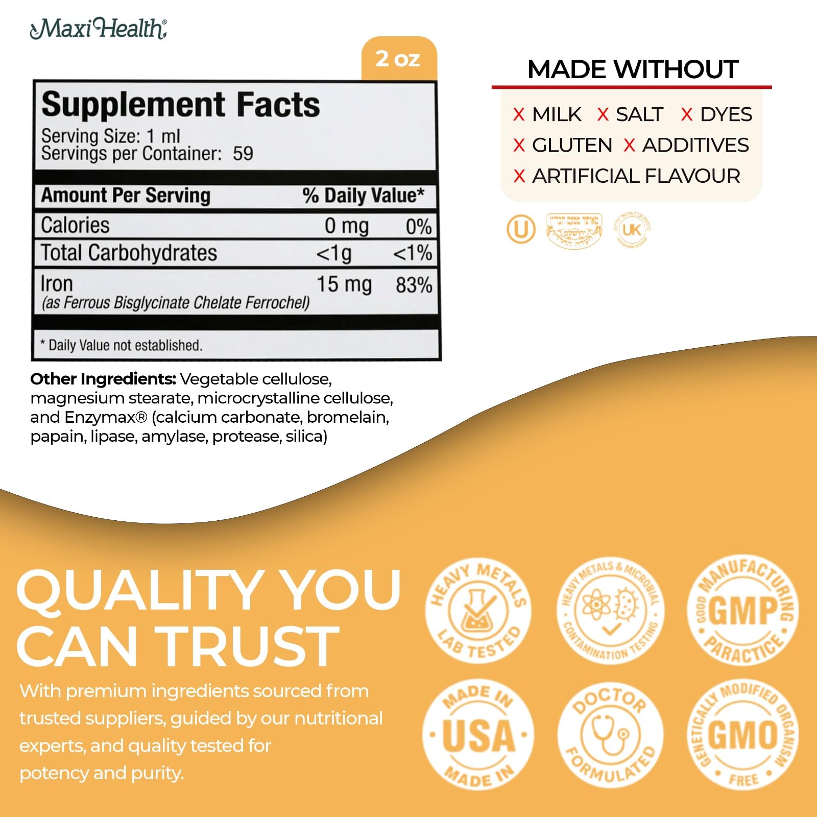 Maxi Health detalle de etiqueta con ingredientes y certificaciones