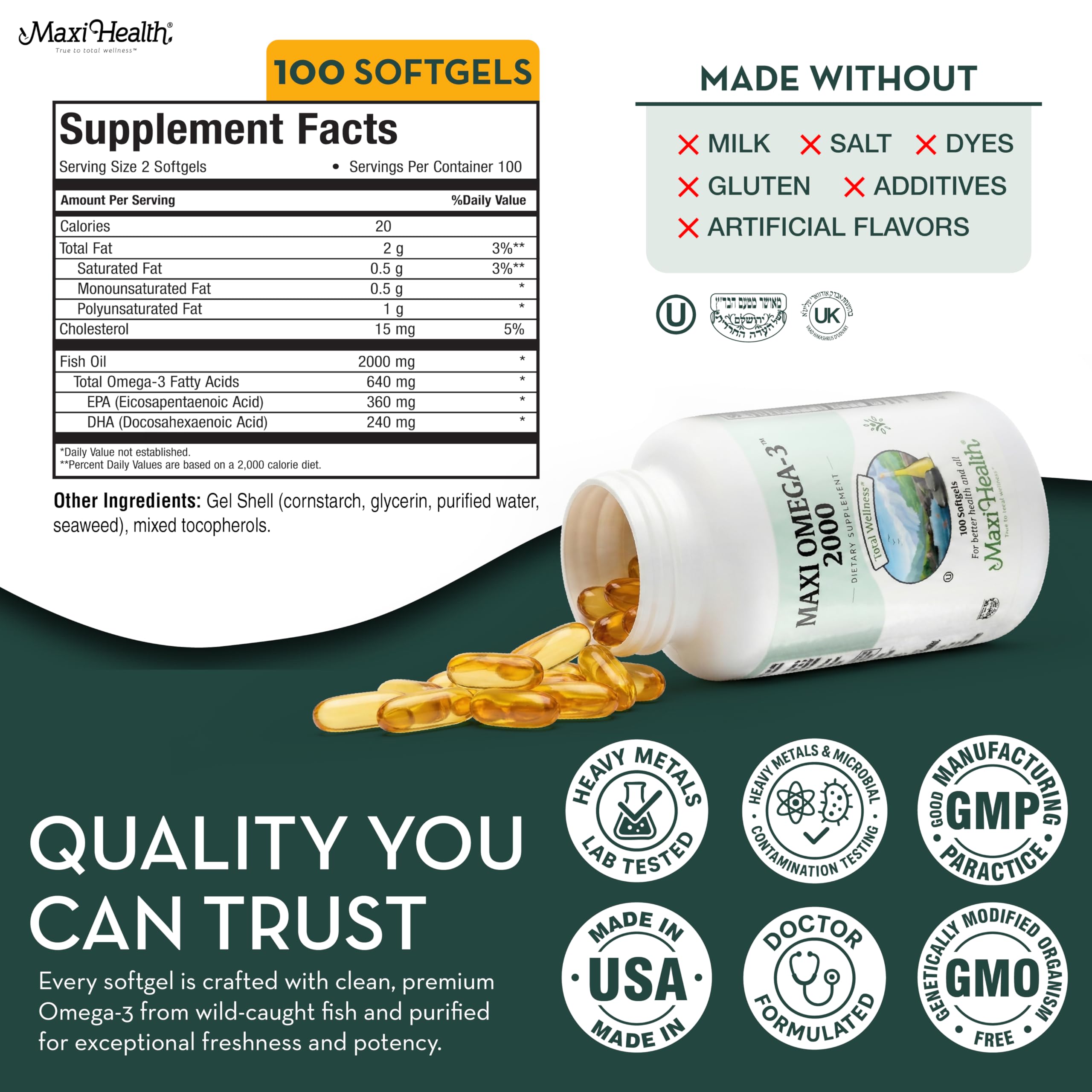 Maxi Health etiqueta con ingredientes y certificaciones para confianza y pureza