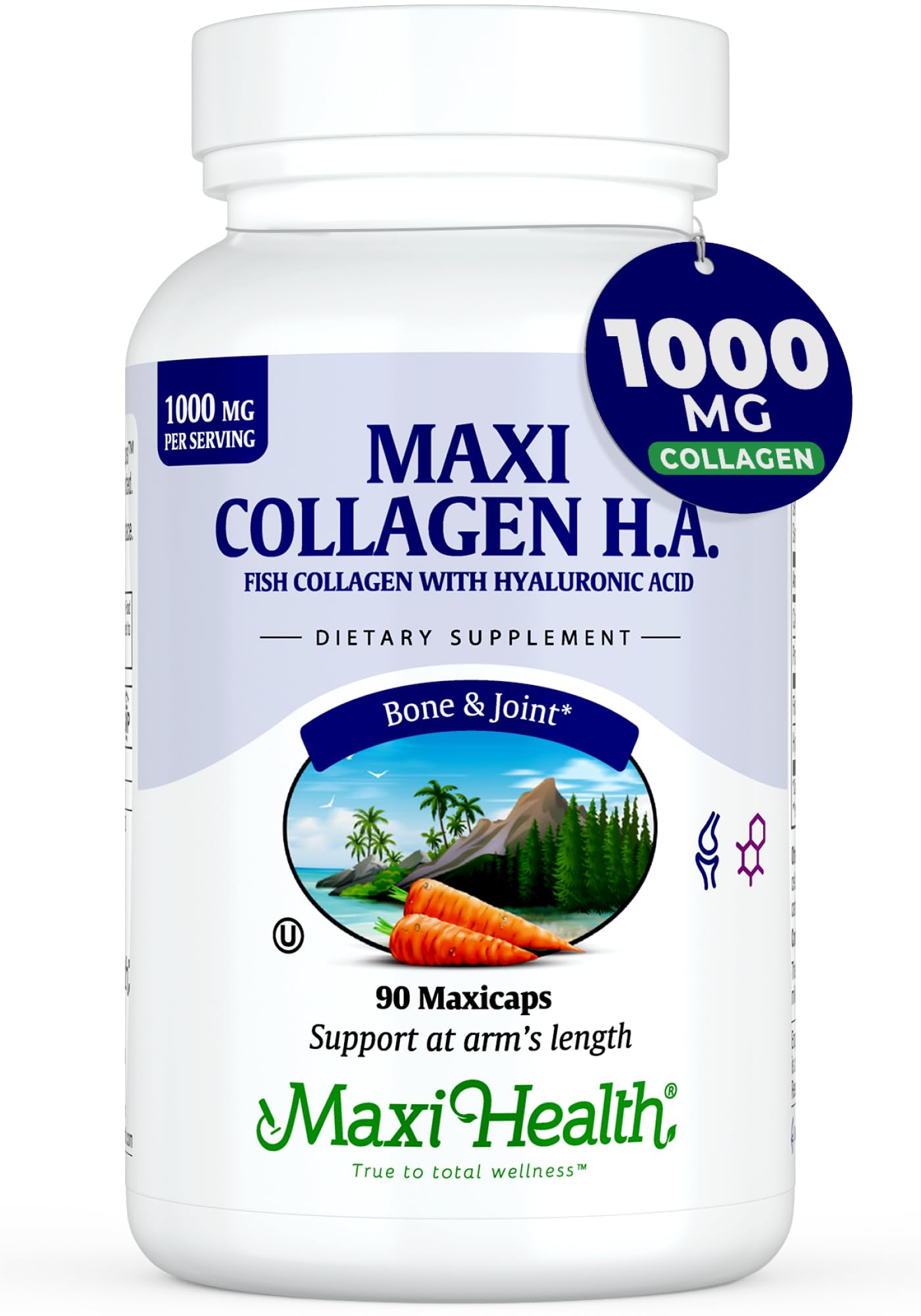 Maxi Health frasco frontal mostrando presentación y 90 cápsulas, ventaja de conveniencia