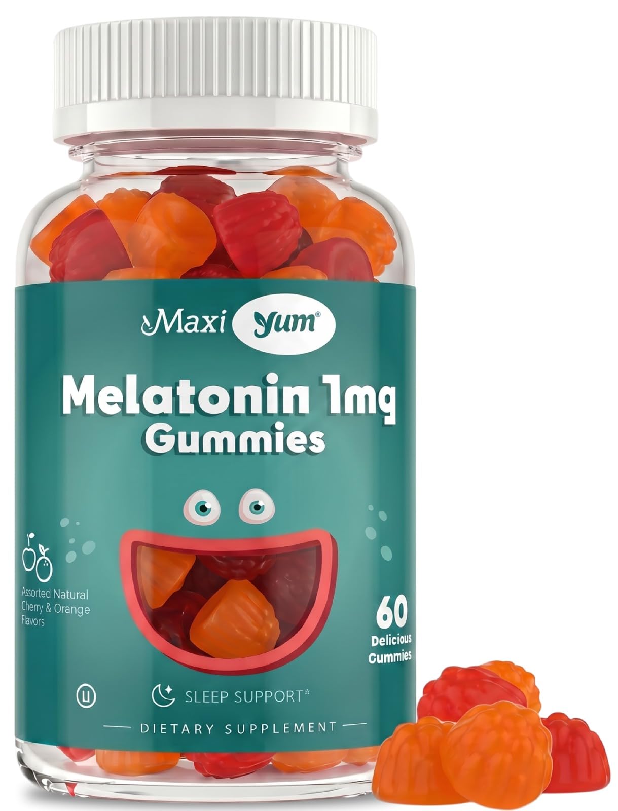 Maxi Health frasco frontal mostrando 60 gomitas y etiqueta clara