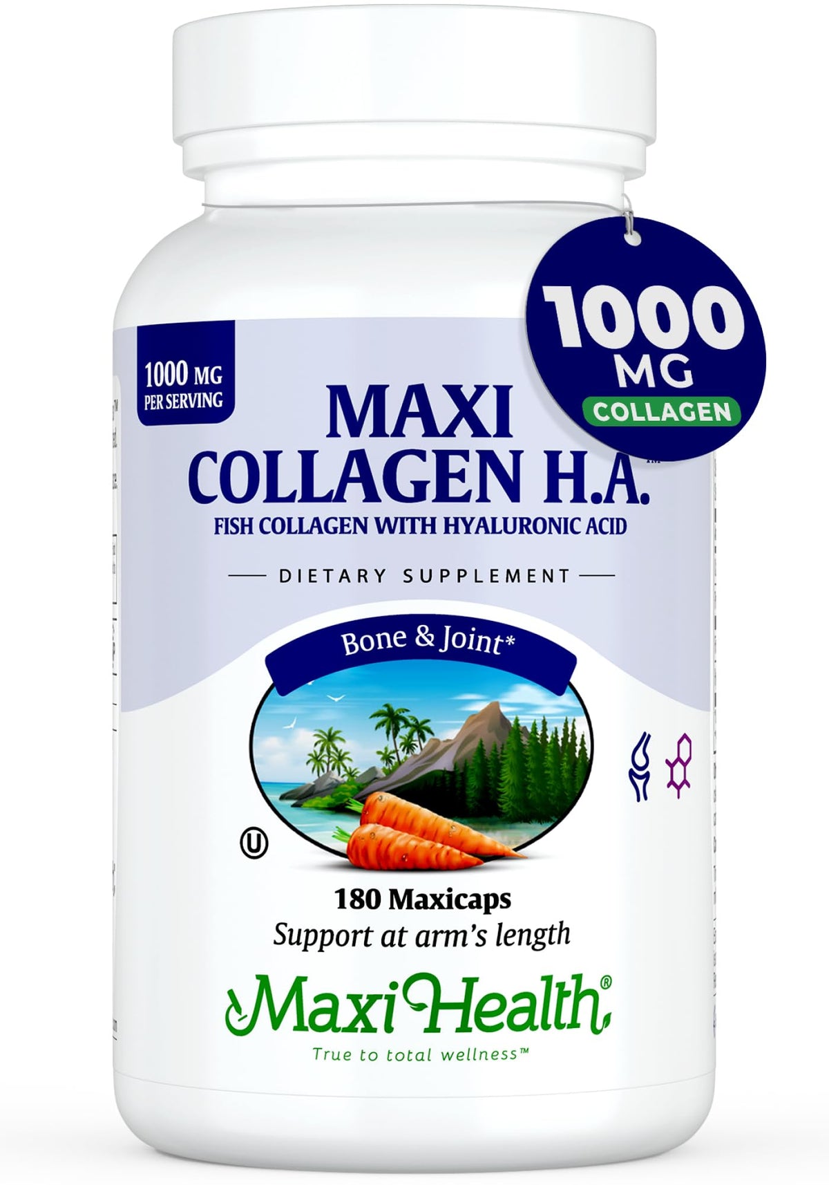 Maxi Health envase frontal mostrando colágeno marino y beneficios