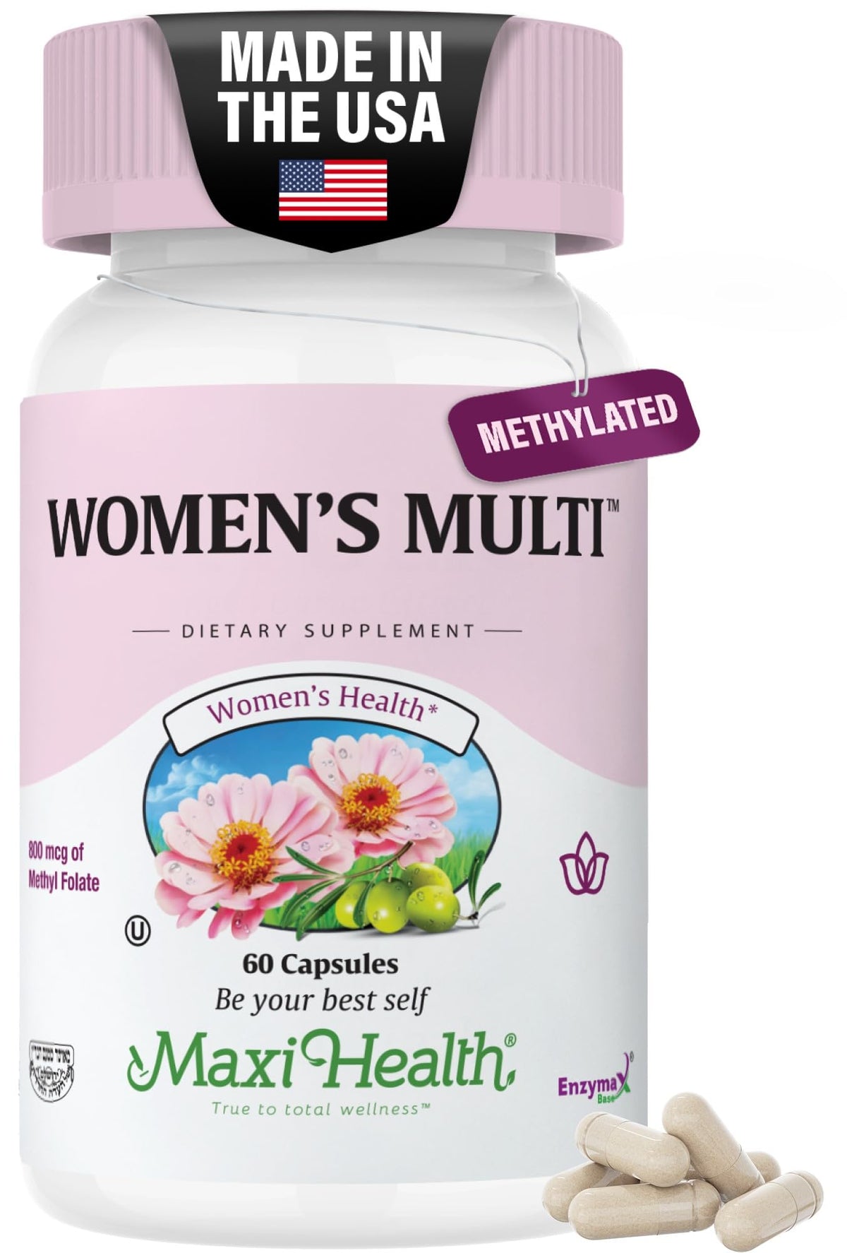 Maxi Health envase frontal mostrando fórmula diaria para mujeres y beneficios claros