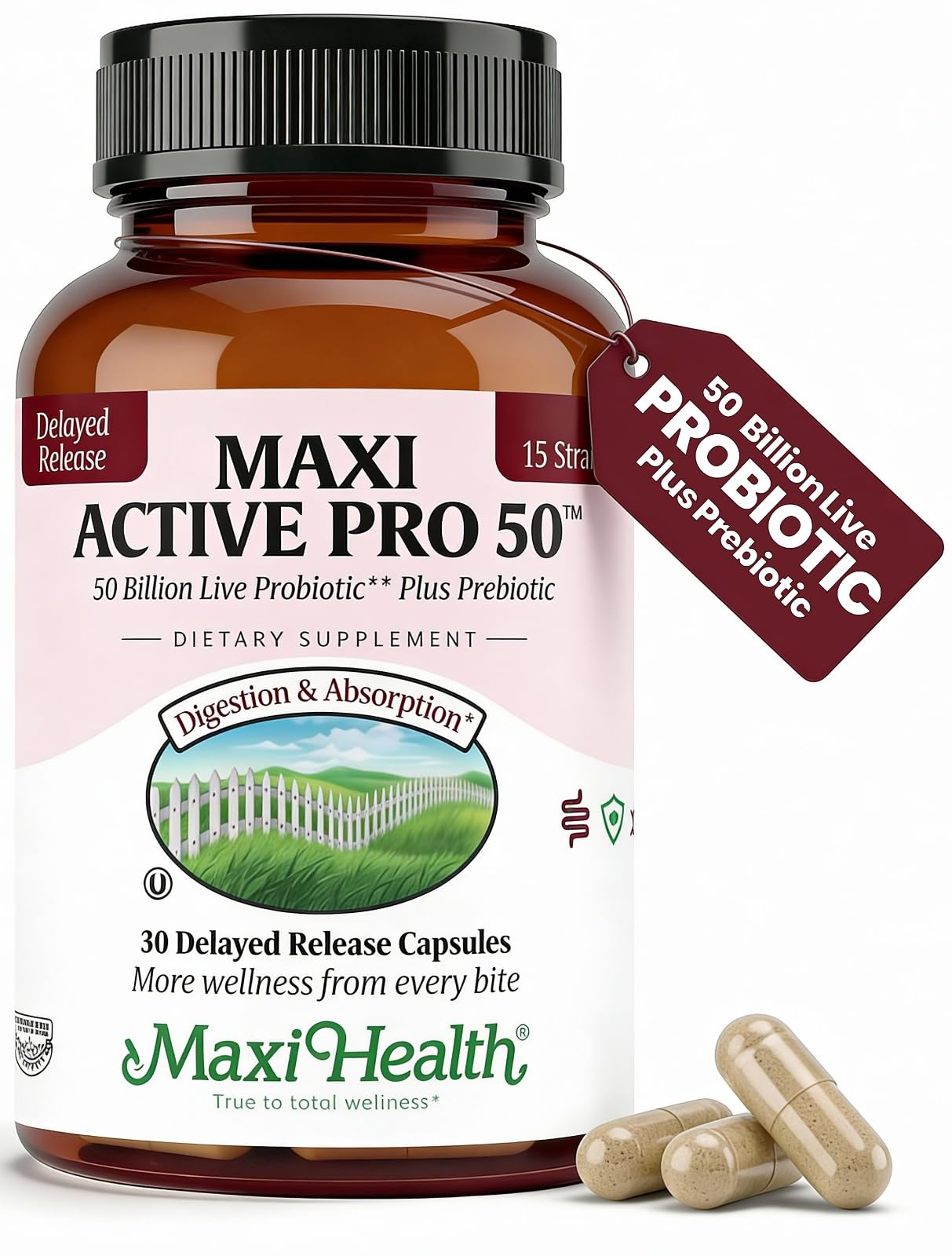 Maxi Health envase frontal mostrando 30 cápsulas y beneficios digestivos