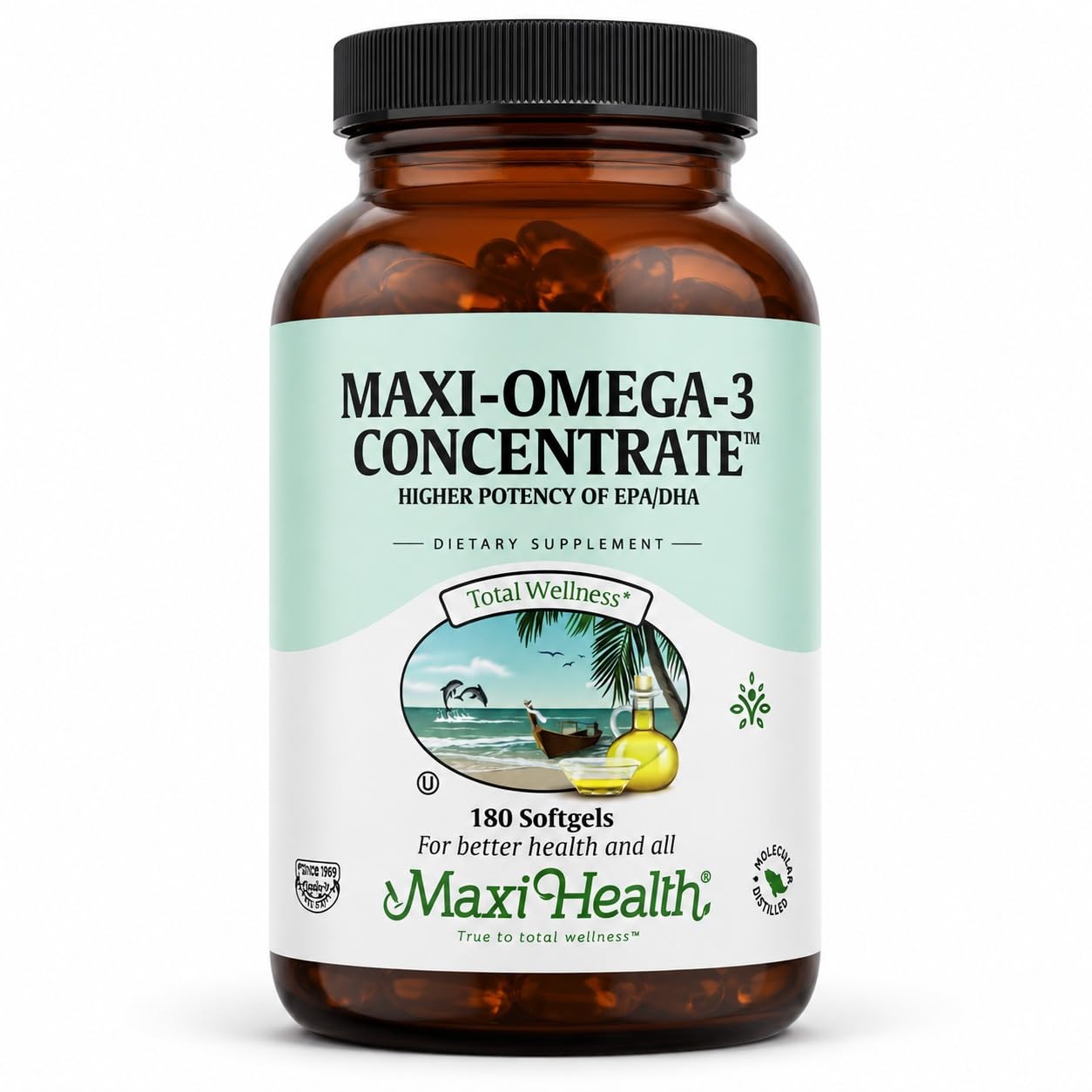 Maxi Health frontal del paquete Omega 3 mostrando información clave y cantidad