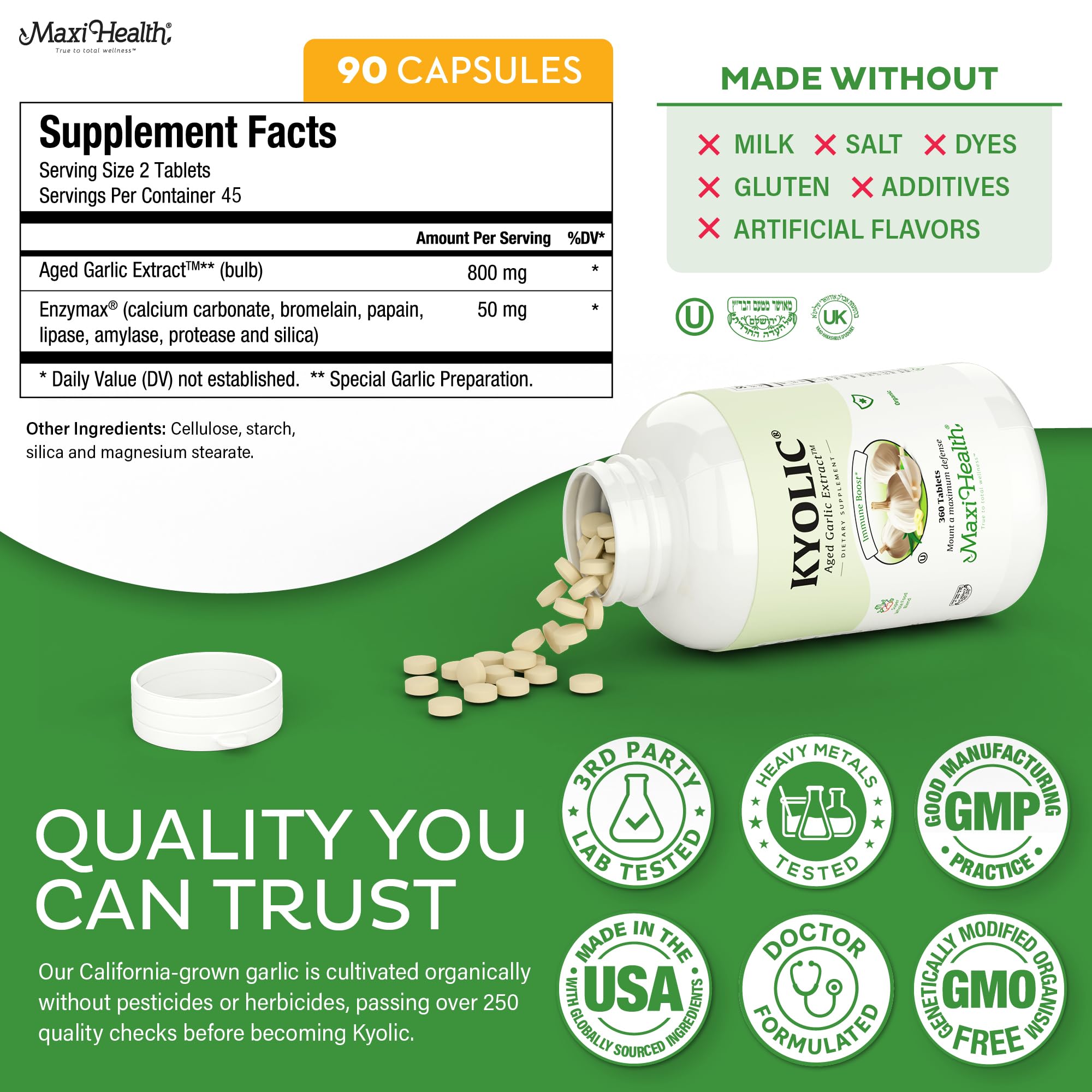 Maxi Health Kyolic etiqueta con ingredientes orgánicos y certificaciones claras
