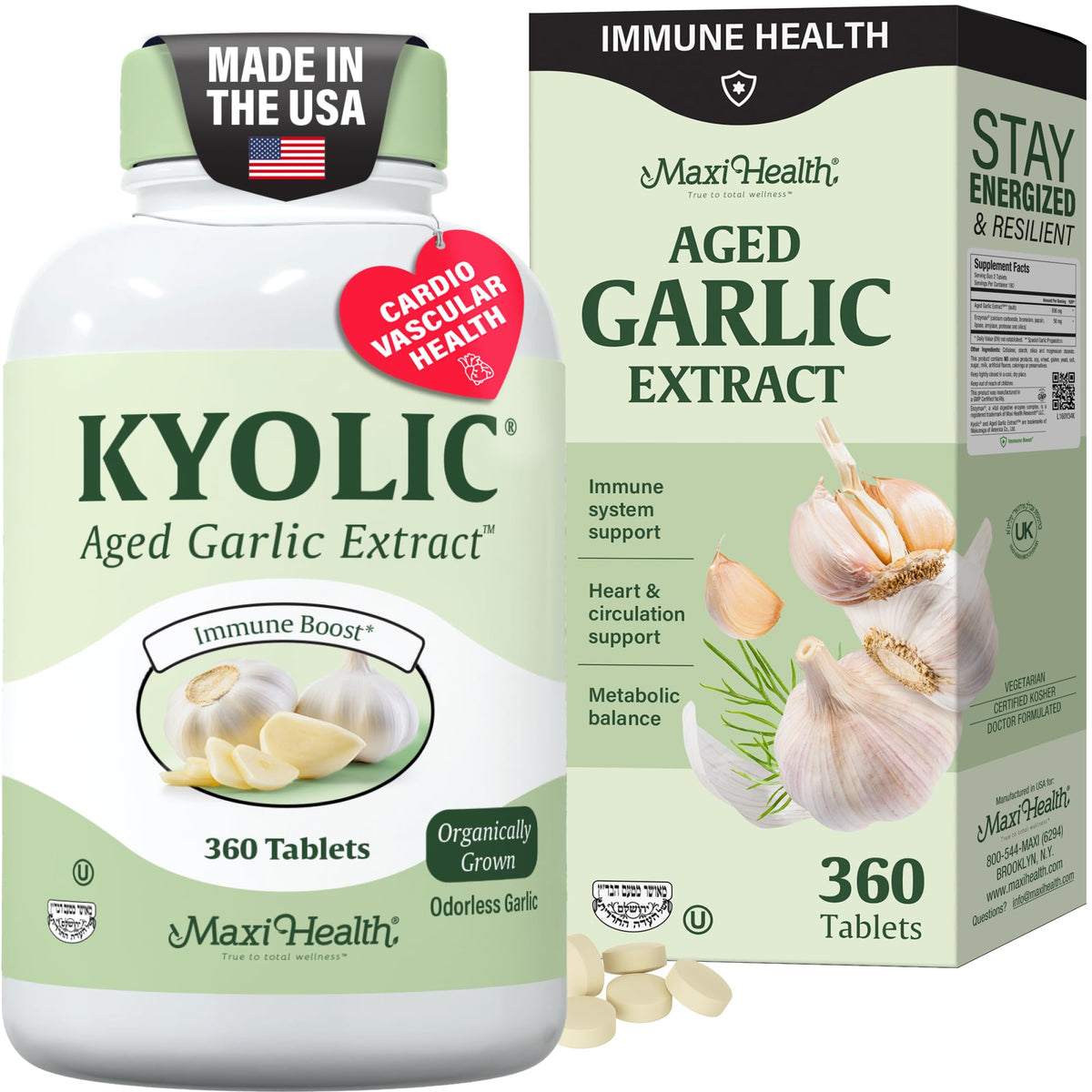 Maxi Health Kyolic frente del empaque mostrando certificado orgánico y kosher