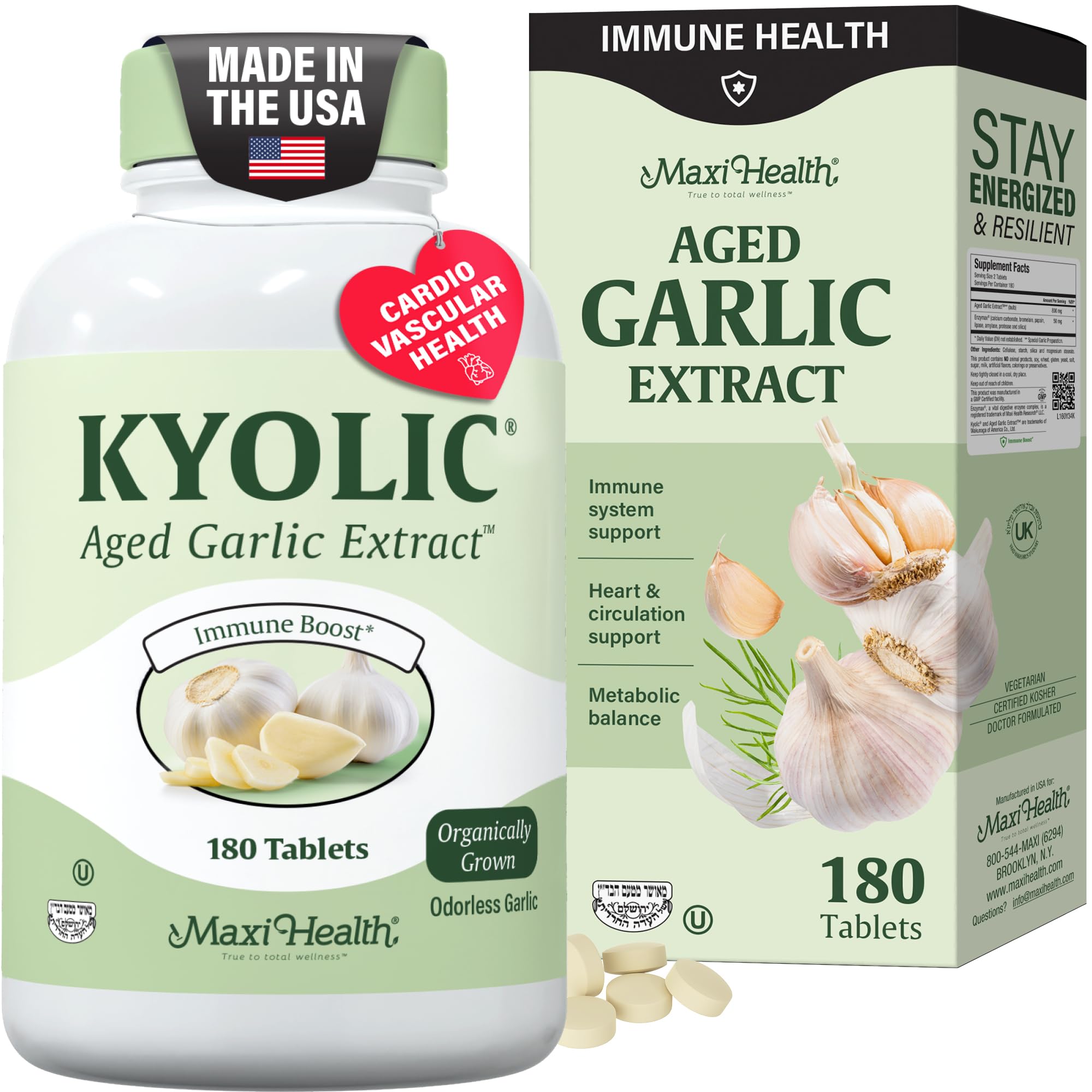 Maxi Health Kyolic frente del envase mostrando envase y beneficios