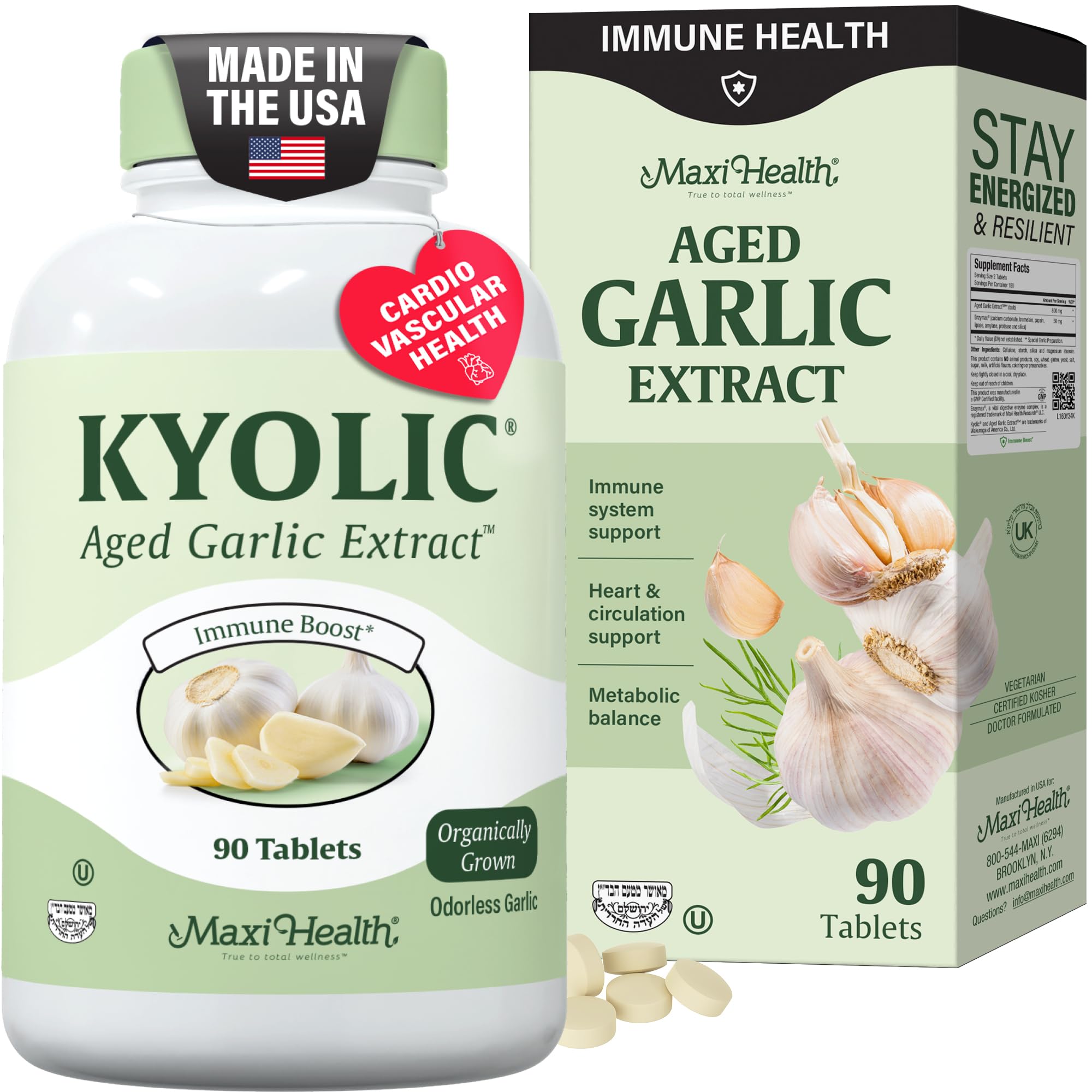Maxi Health Kyolic vista frontal del envase mostrando presentación y beneficios