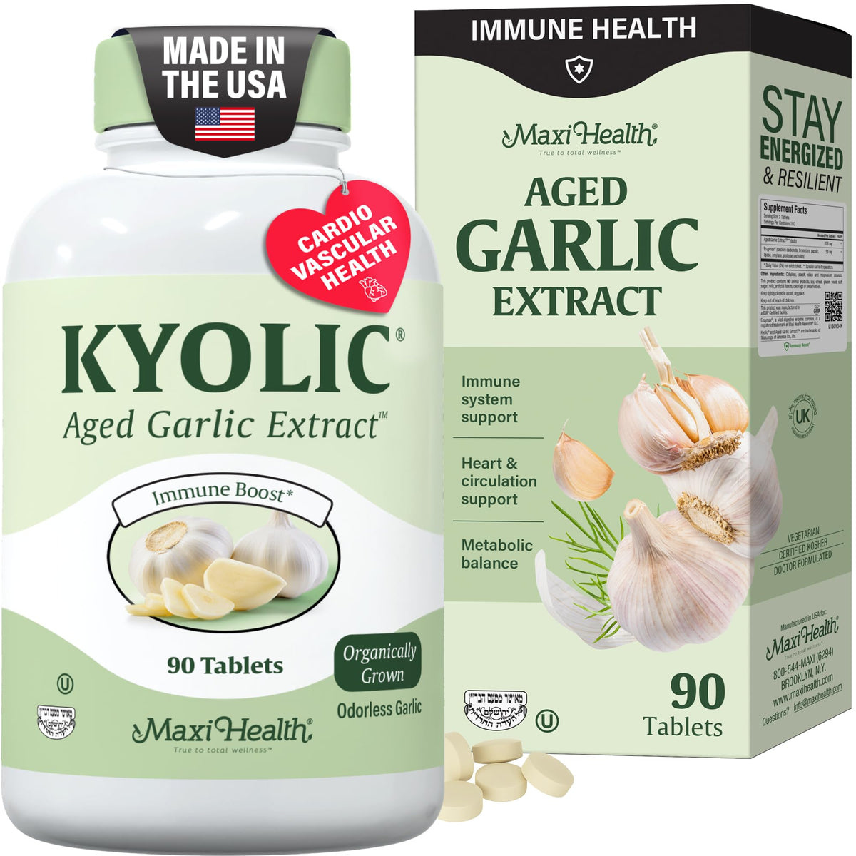 Maxi Health Kyolic vista frontal del envase mostrando presentación y beneficios