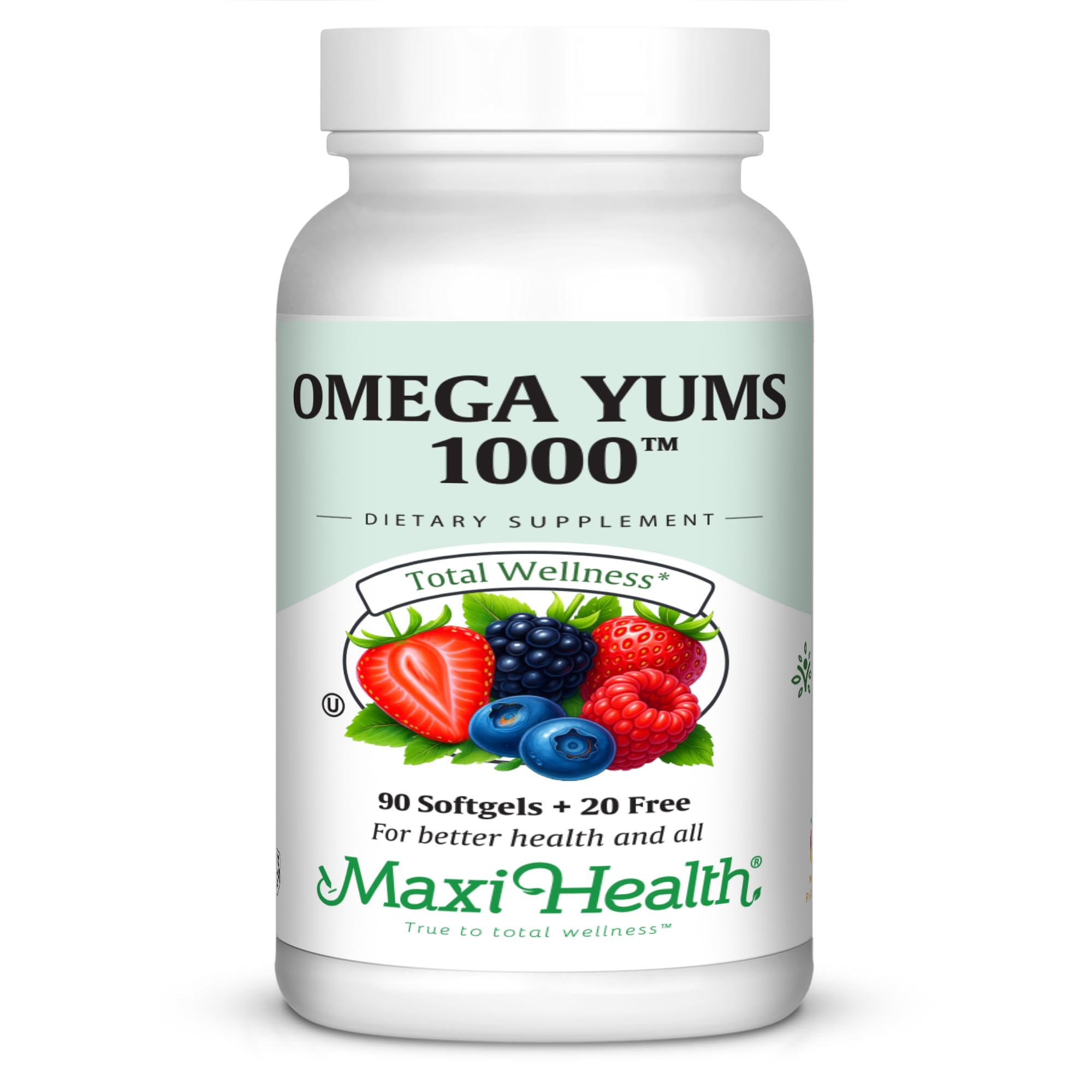 Maxi Health frasco frontal mostrando 110 cápsulas y sabor Fruity Burst