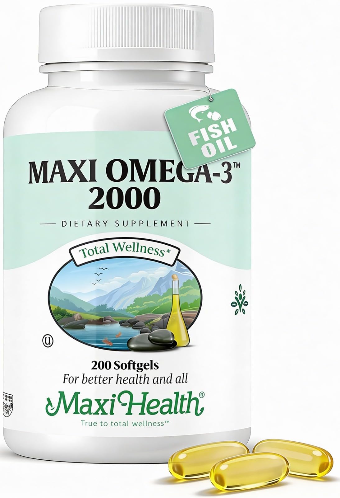 Maxi Health envase frontal del suplemento omega-3 mostrando etiqueta y cantidad