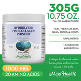 Maxi Health polvo en primer plano con textura fina, mezcla rápida.