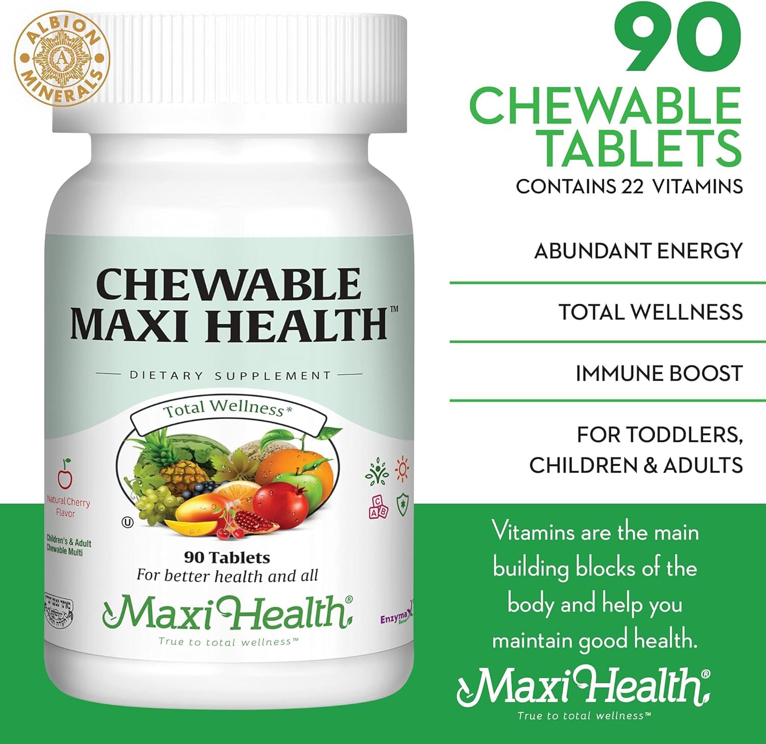 Maxi Health tabletas en mano mostrando tamaño masticable y fácil toma