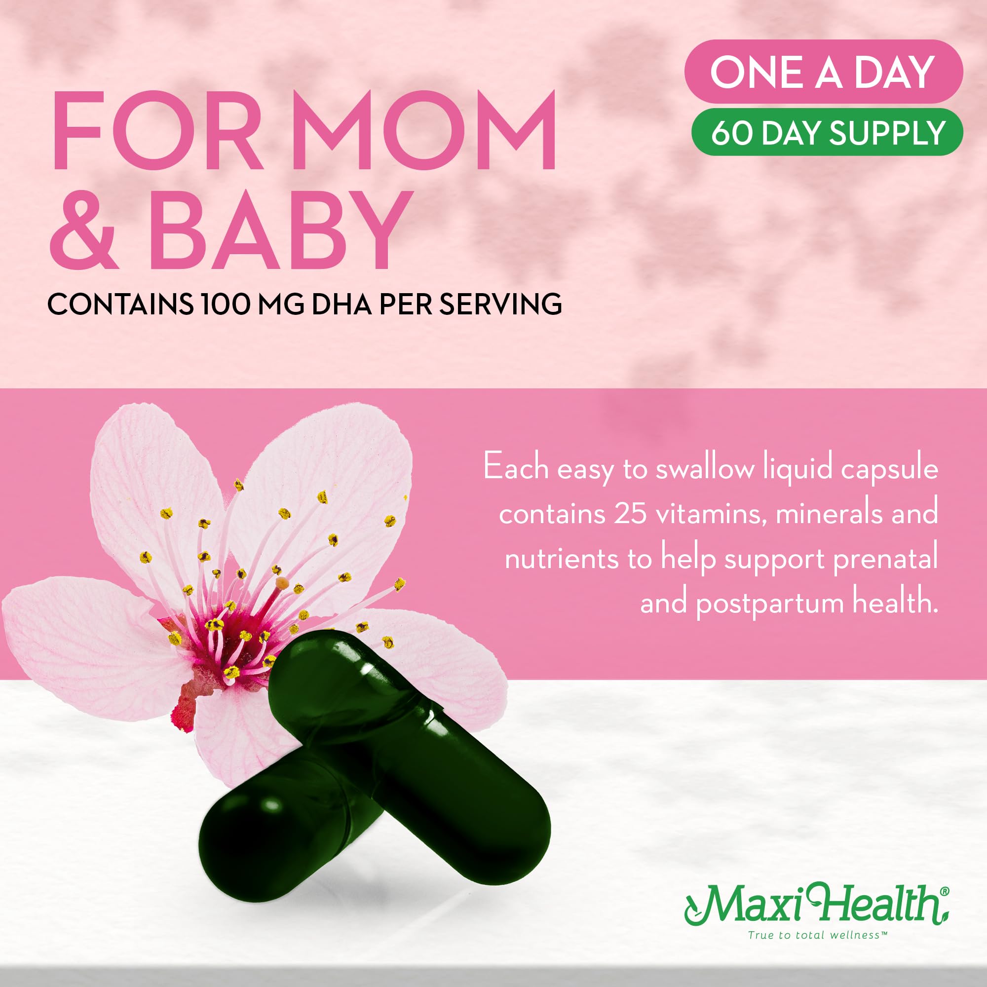 Mujer tomando Maxi Health prenatal para apoyo diario nutricional