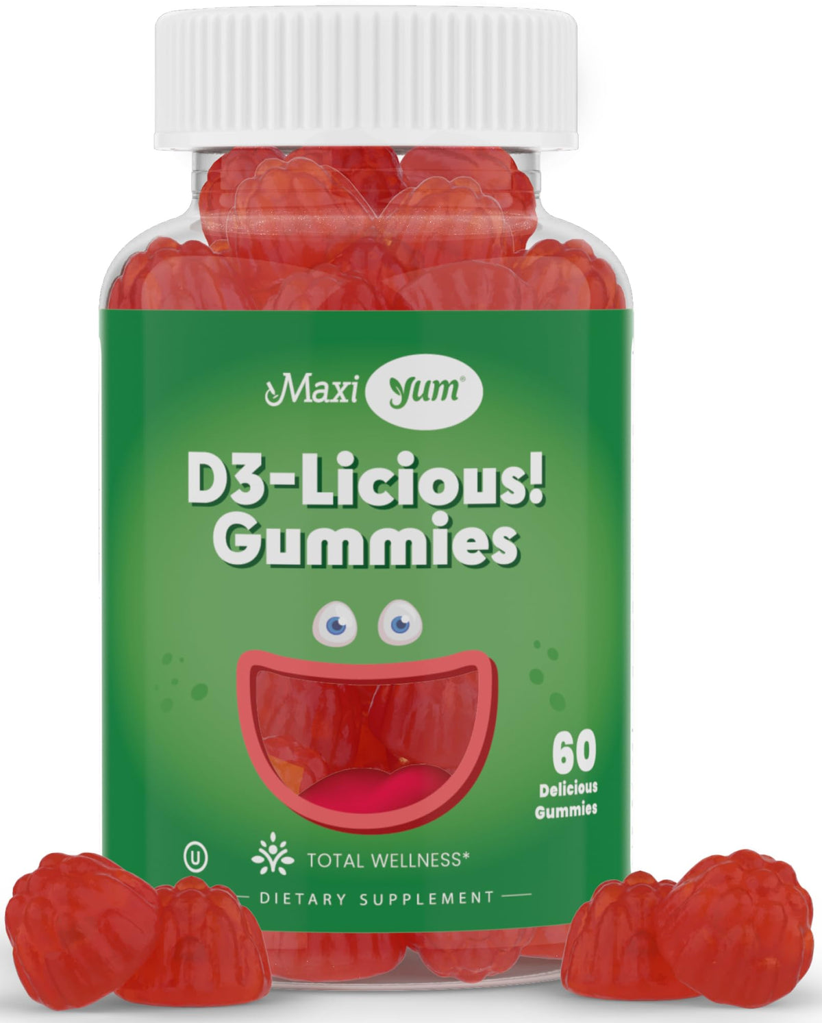 Maxi Health frasco frontal con gominolas D3, visual claro y confianza