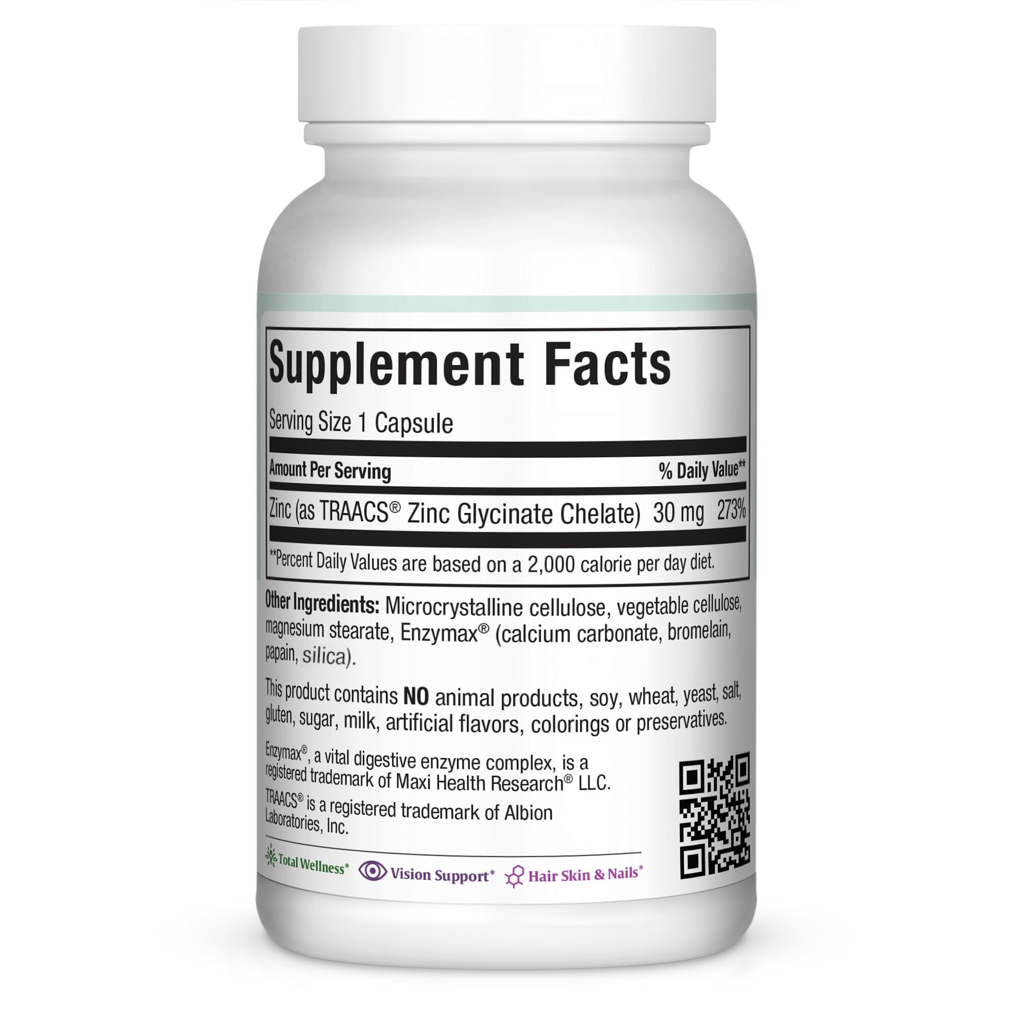 Etiqueta nutricional de Maxi Health Zinc mostrando dosis y certificaciones