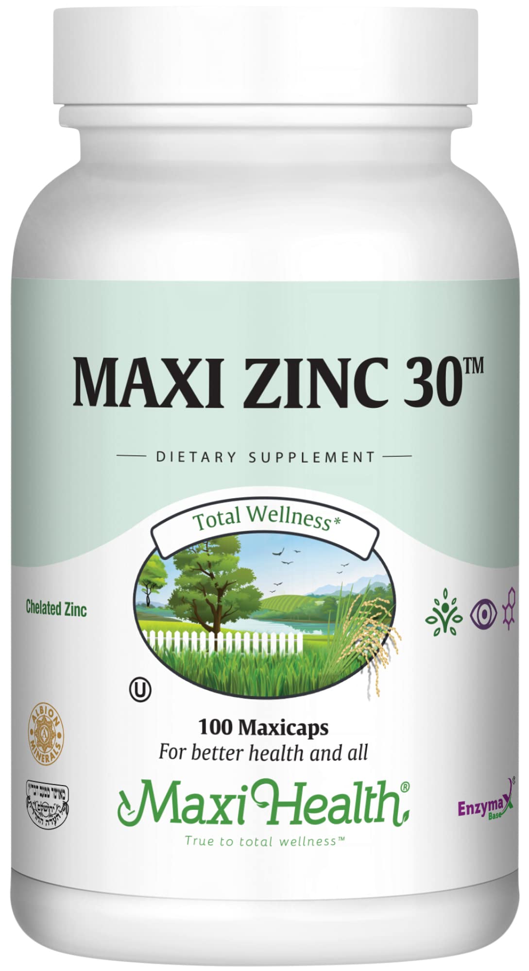 Maxi Health frasco frontal mostrando 100 cápsulas, conveniencia y potencia