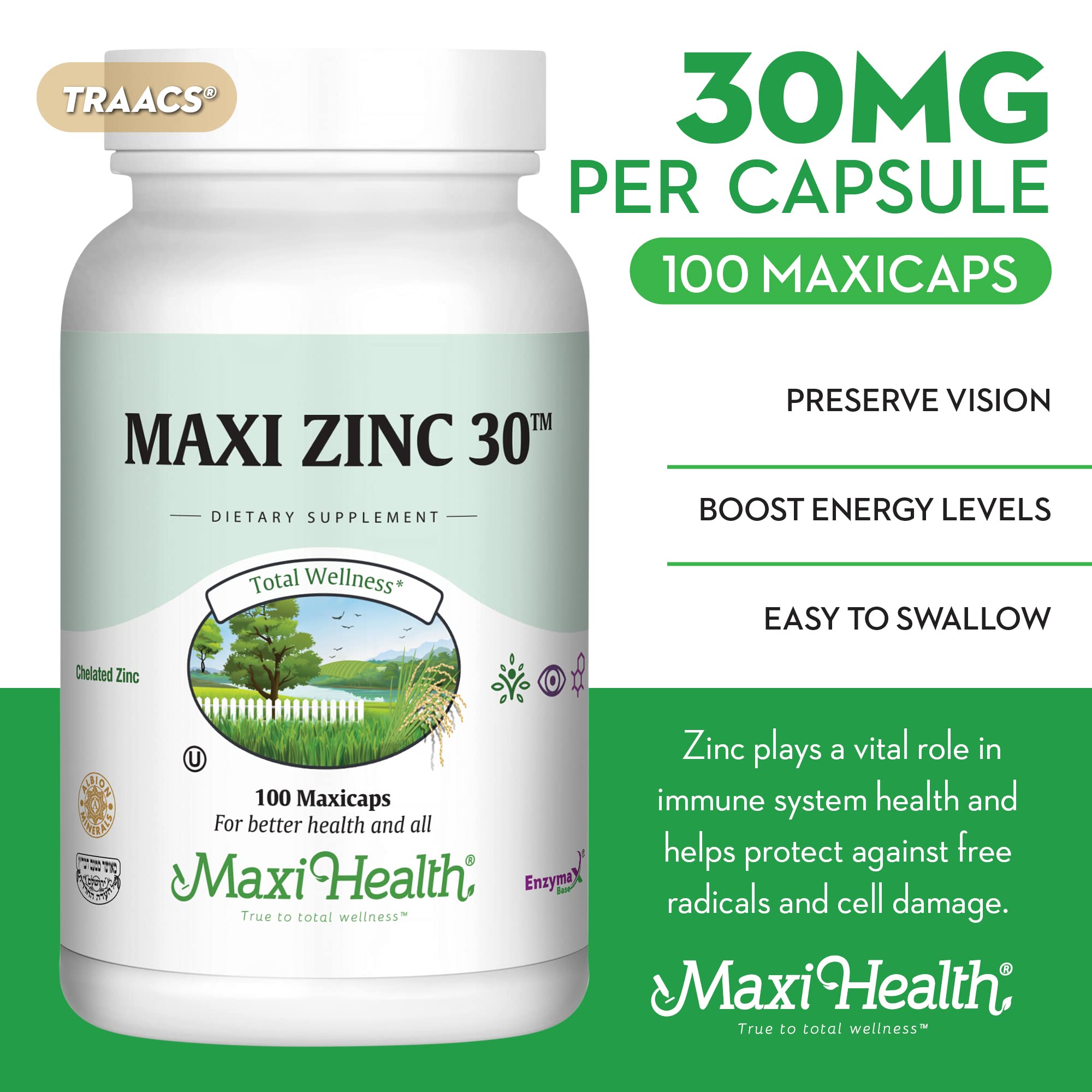 Polvo y cápsula abierta de Maxi Health Zinc destacando ingrediente glicinato