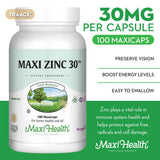 Polvo y cápsula abierta de Maxi Health Zinc destacando ingrediente glicinato