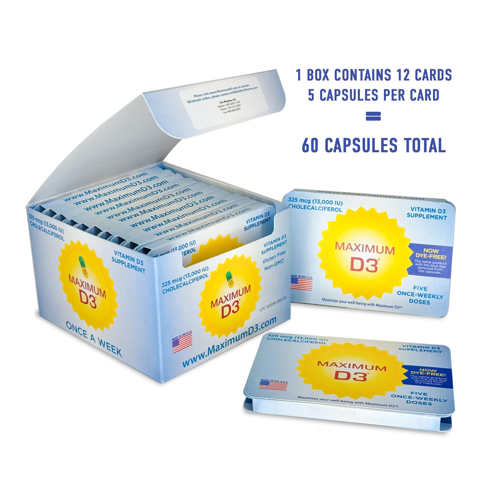 Maximum D3 tarjeta con cápsulas visible para control semanal y almacenamiento fácil