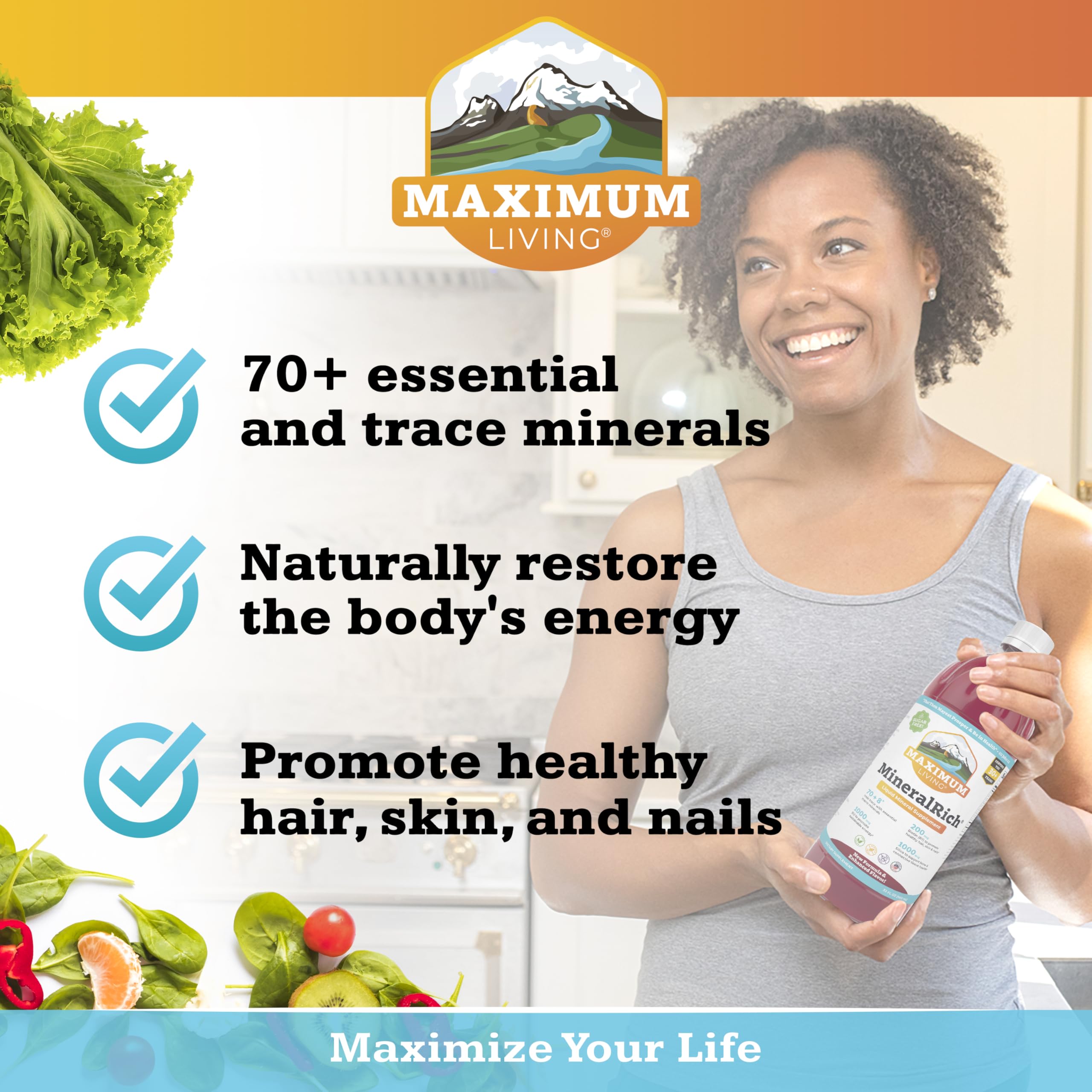 Maximum Living comparación de tamaño 32 fl oz para referencia de cantidad