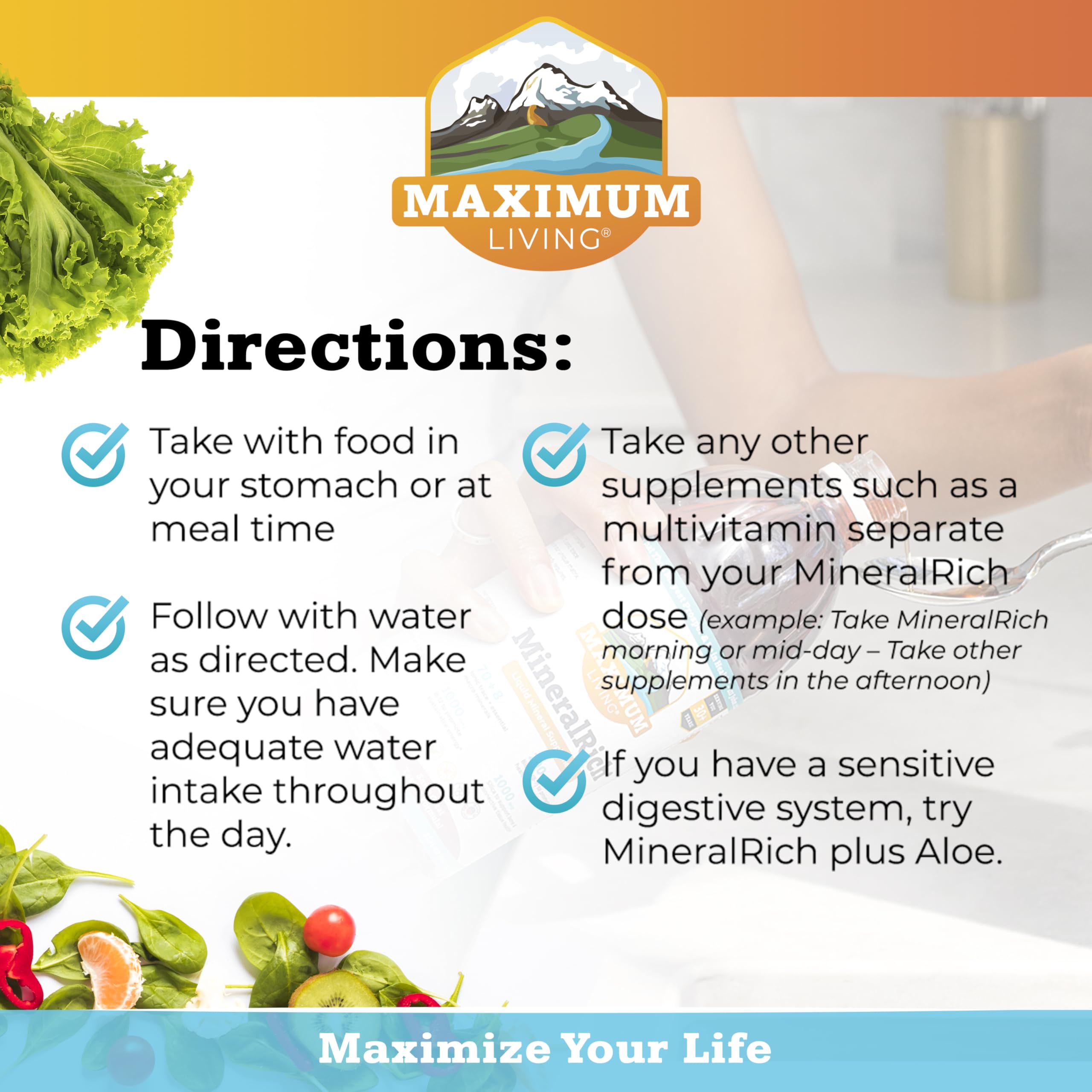 Maximum Living primer plano de la etiqueta con datos de minerales