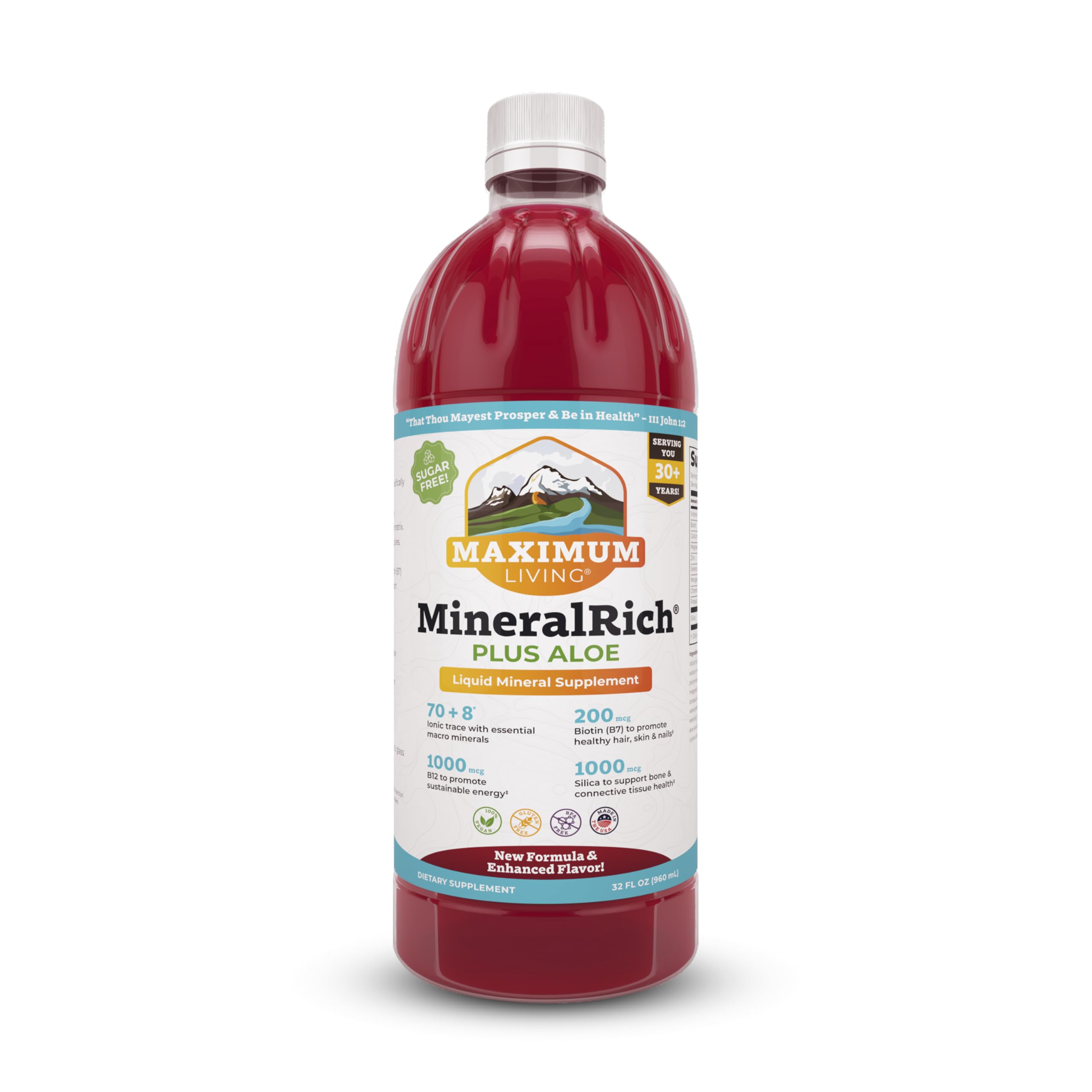 Maximum Living botella frontal mostrando etiqueta clara y beneficios