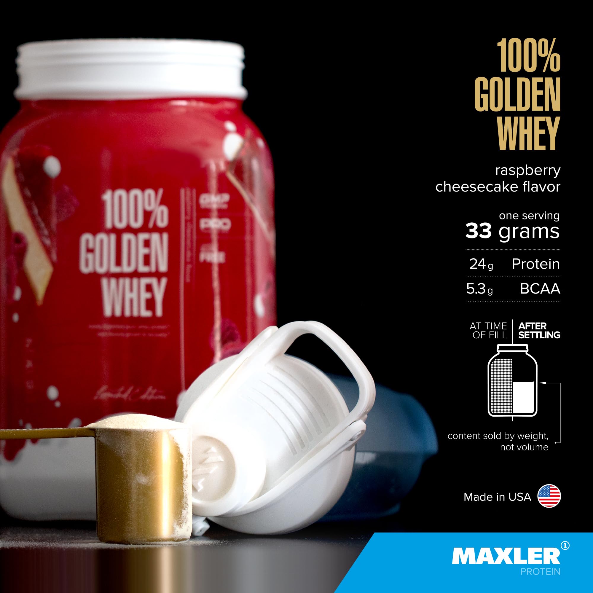 Vaso con batido Maxler Raspberry Cheesecake listo tras ejercicio, sabor apetecible