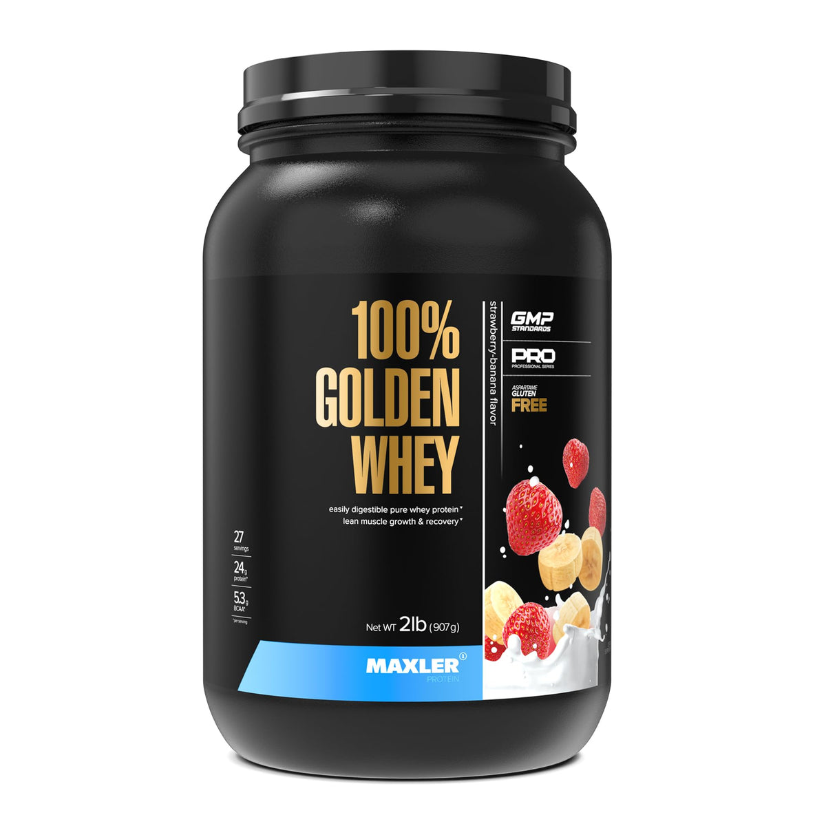 Maxler envase frontal sabor fresa plátano mostrando marca y beneficio de 24 g proteína
