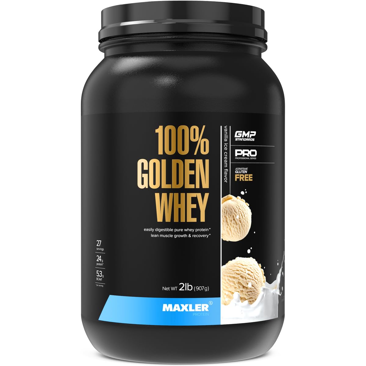 Maxler envase frontal Golden Whey vainilla, presentación clara y beneficios proteicos